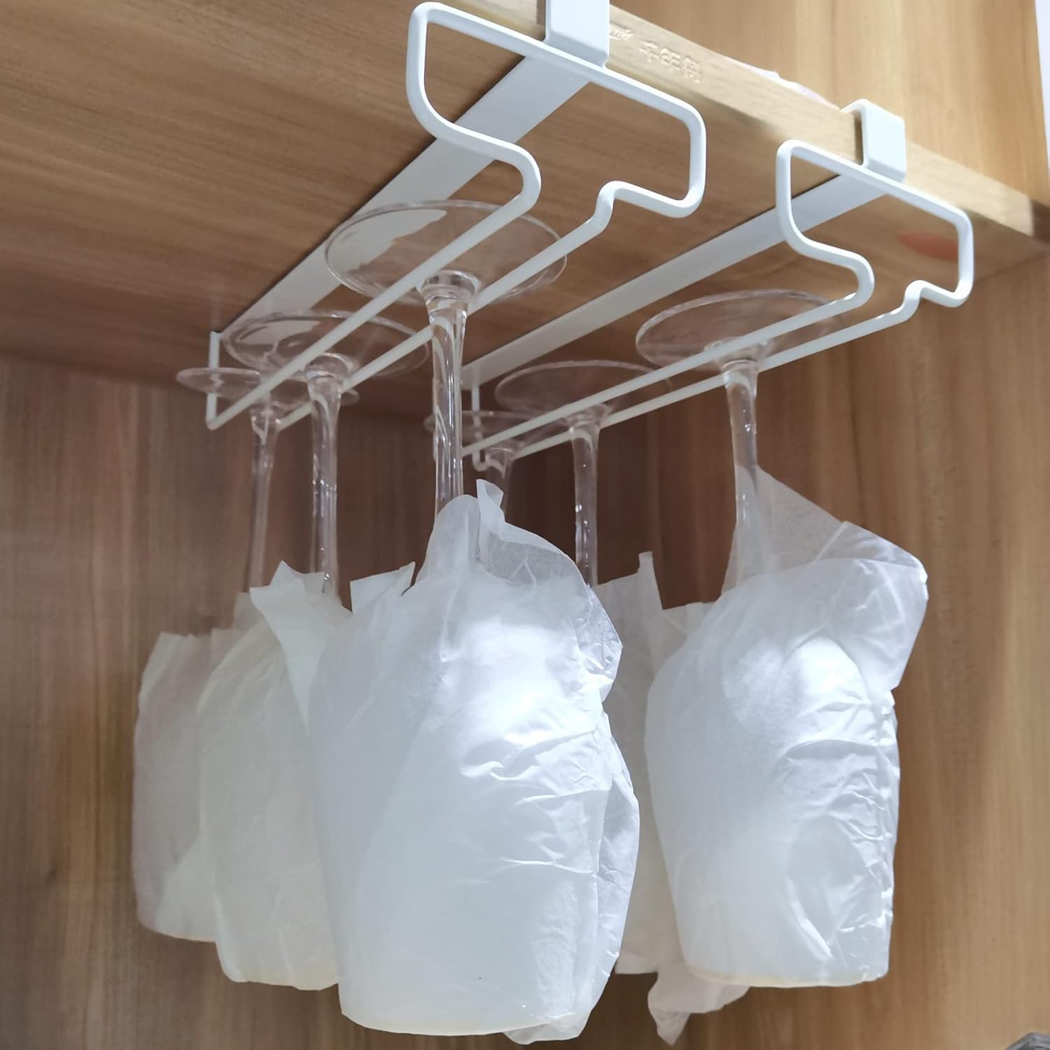 WORDFUN White Wine Glass Rack Under Cabinet Single Row