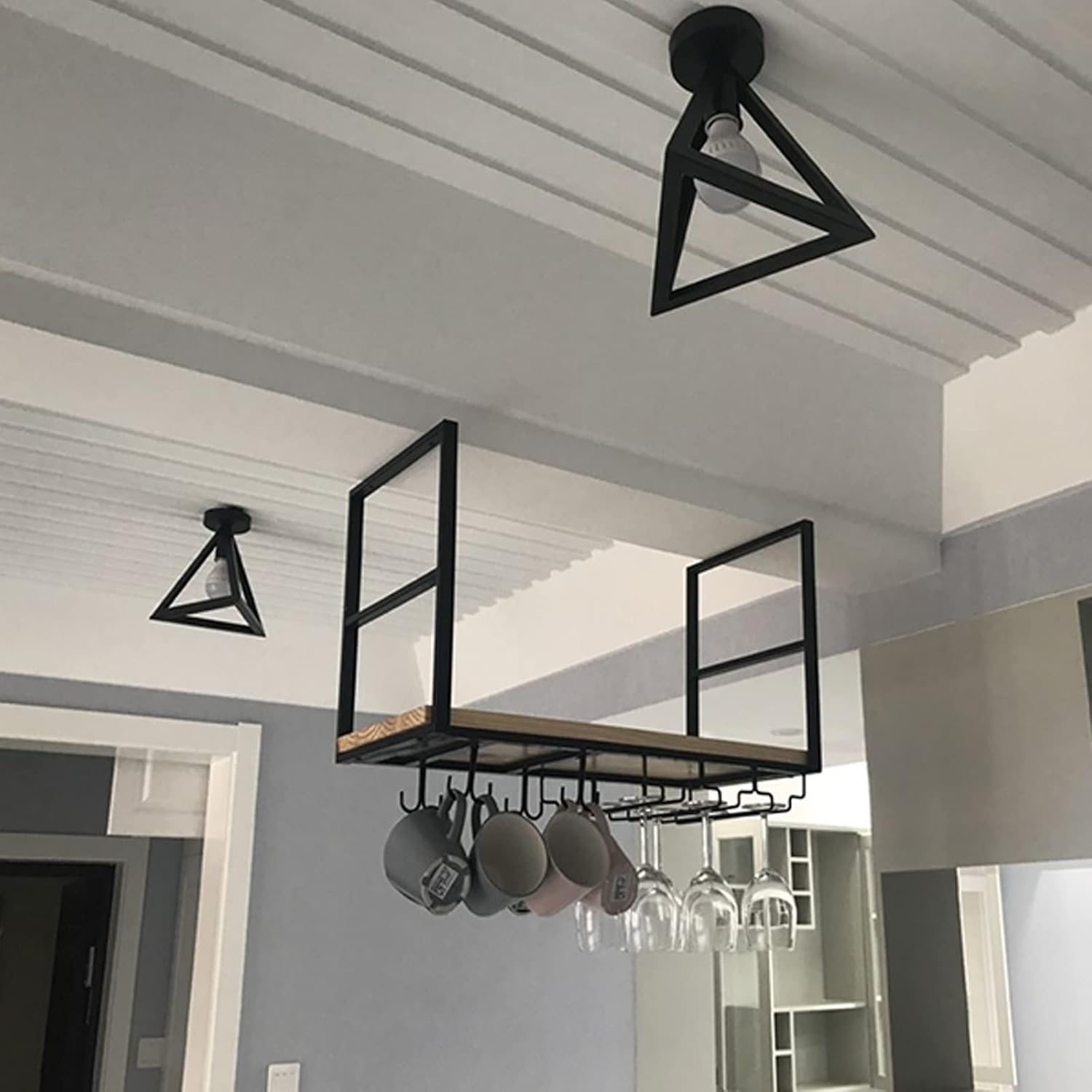 Ceiling Hanging Shelf Wine Rack with Glass Holder and Pot Pan Rack