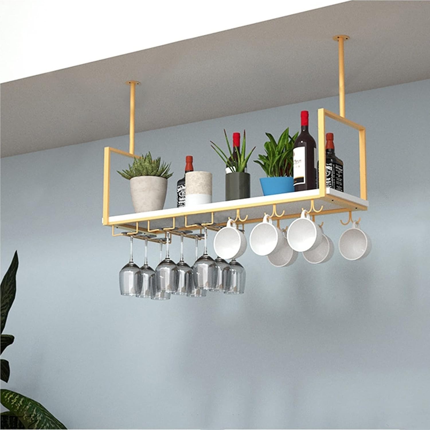 Retro Ceiling Hanging Shelf Wine Rack with Glass Holder