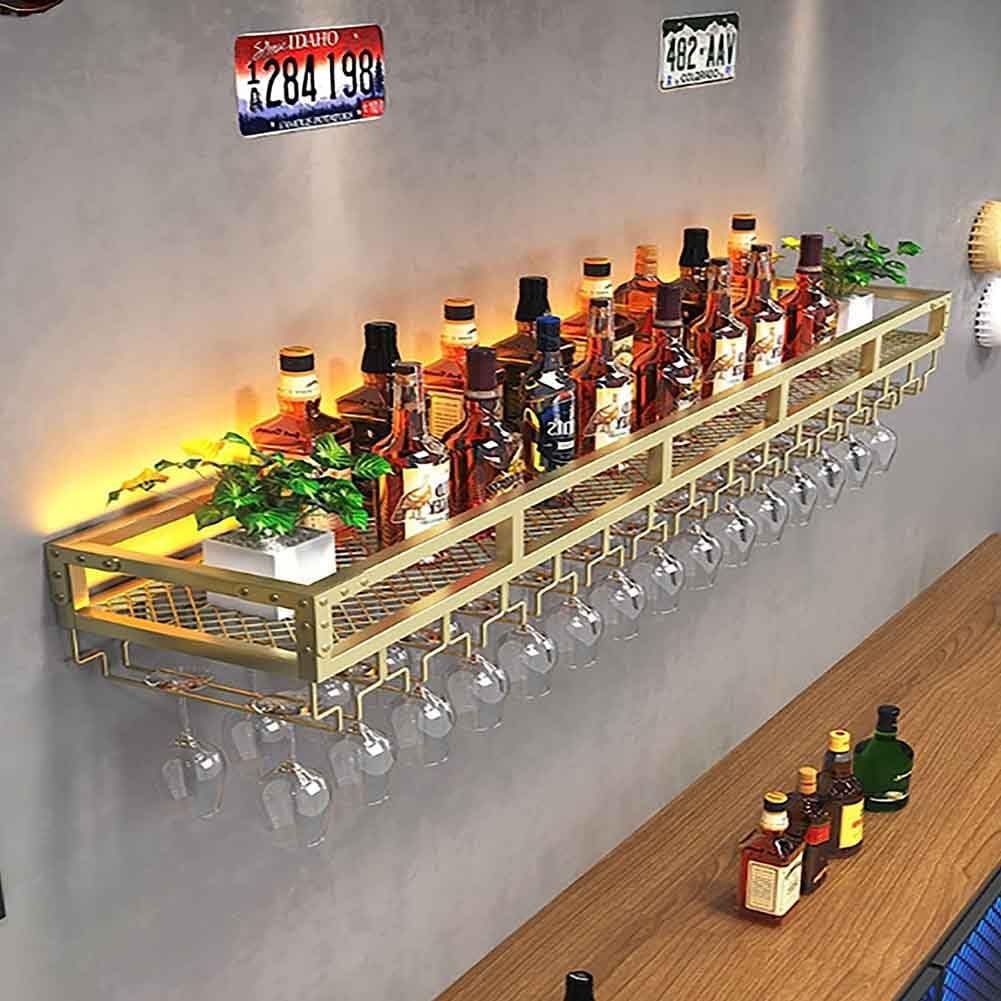Gold Wall Wine Rack with LED and Glass Holder