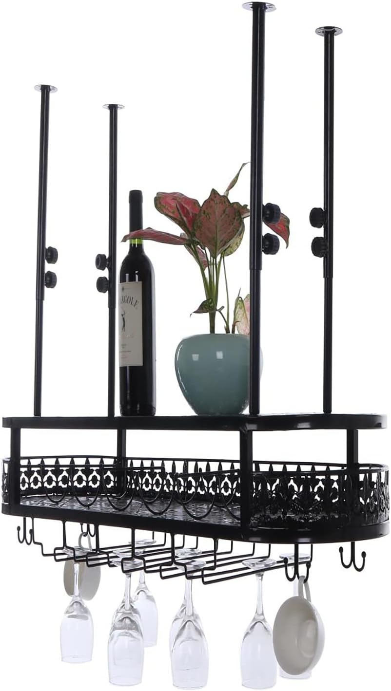 Adjustable Ceiling Wine Glass Rack with 2-Layer Storage Black
