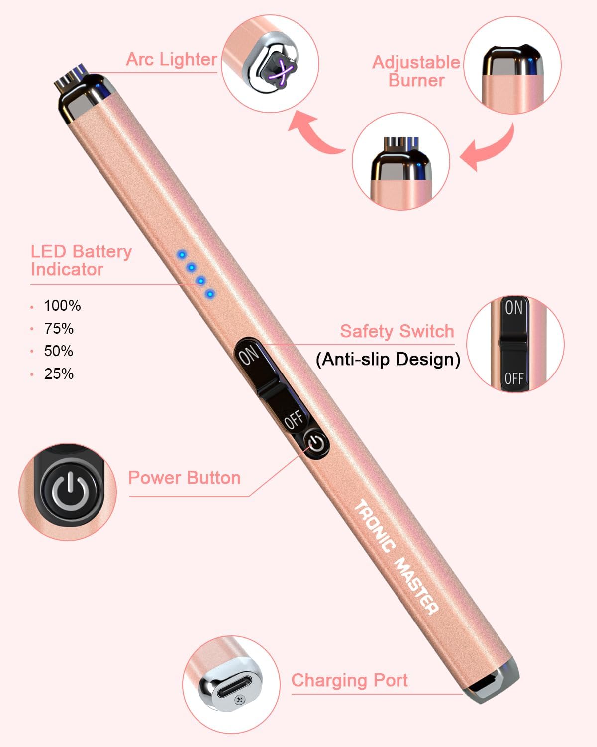 TRONIC MASTER Rechargeable Dual Arc Lighter - Windproof Flameless Rose Gold