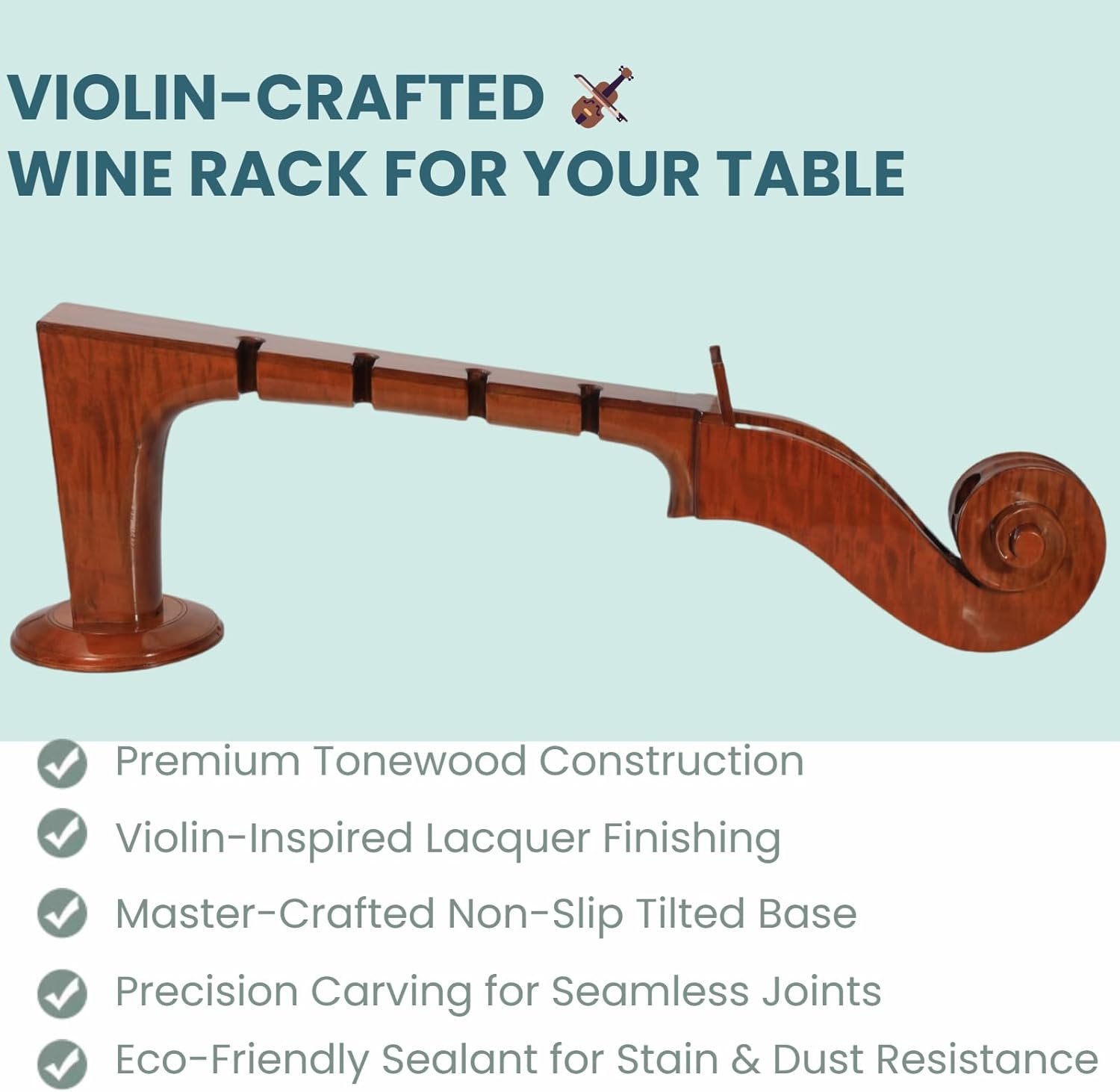 Violin-Inspired Solid Wood Wine Rack - 4 Bottles 4 Glasses 1