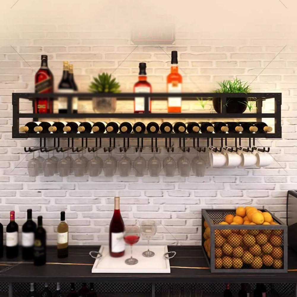 SilteD Wall-Mounted Wine Rack with LED and Glass Holder - Black