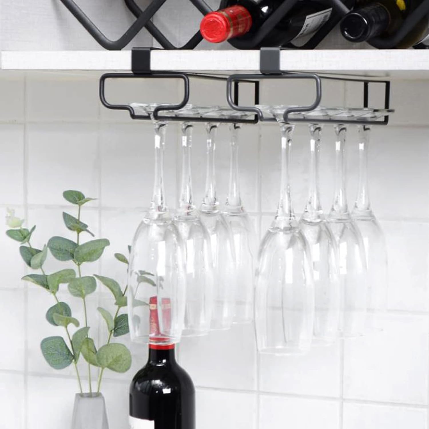 WORDFUN Wine Glass Rack Under Cabinet White Single Row Metal