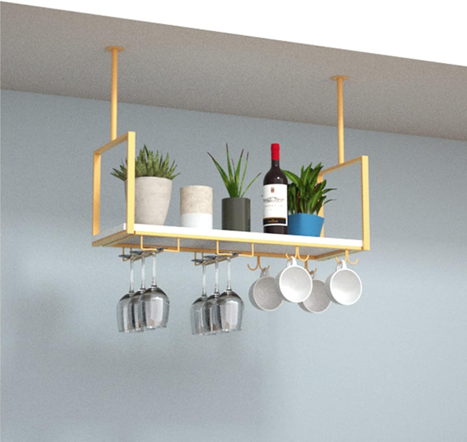 Retro Ceiling Hanging Shelf Wine Rack with Glass Holder