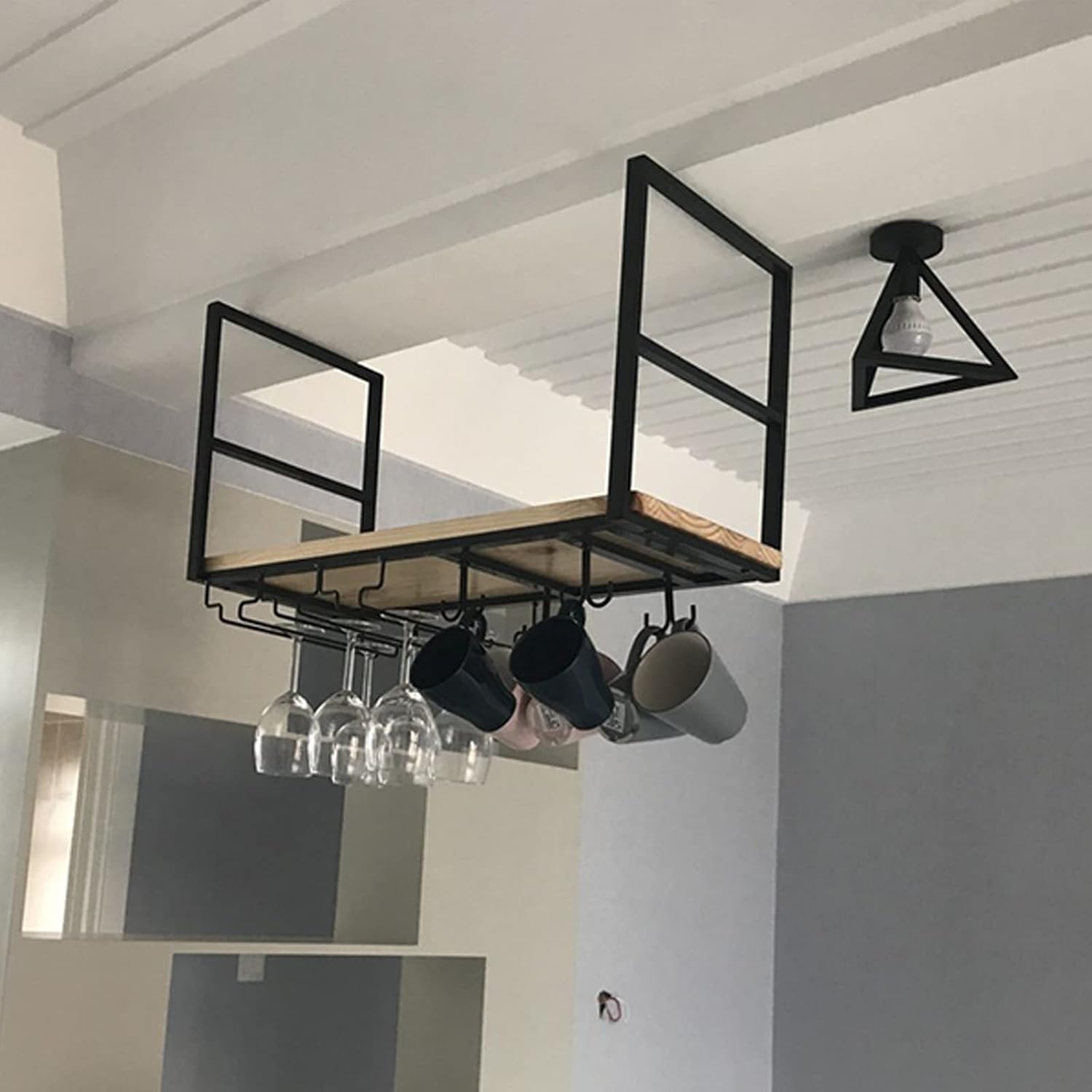 Ceiling Hanging Shelf Wine Rack with Glass Holder and Pot Pan Rack