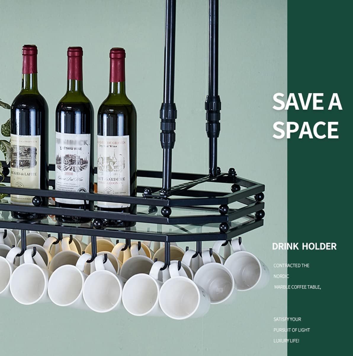 Ceiling Wine Glass Rack with Adjustable Height and Width