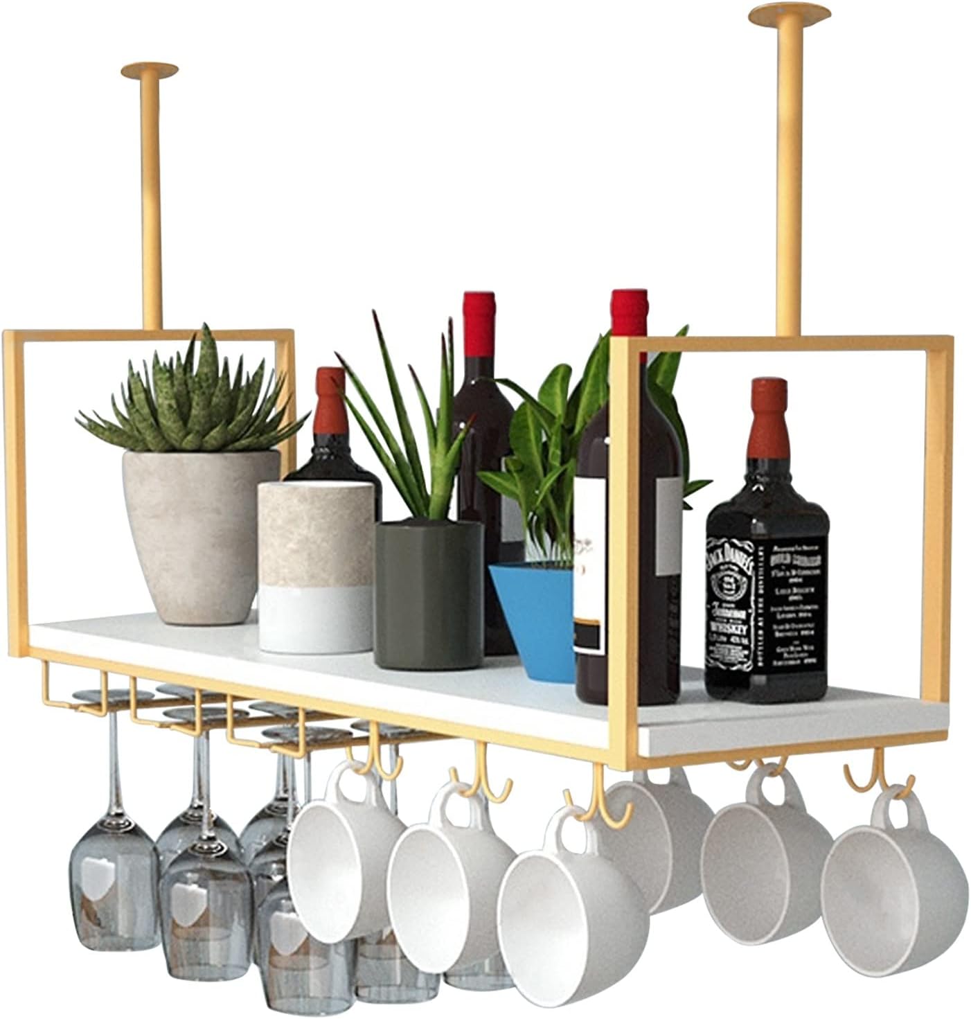 Retro Ceiling Hanging Shelf Wine Rack with Glass Holder