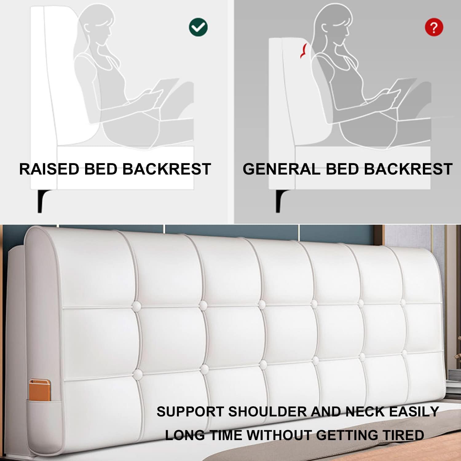 ZZYK Leather Headboard Pillow 472 White Ergonomic Reading Support