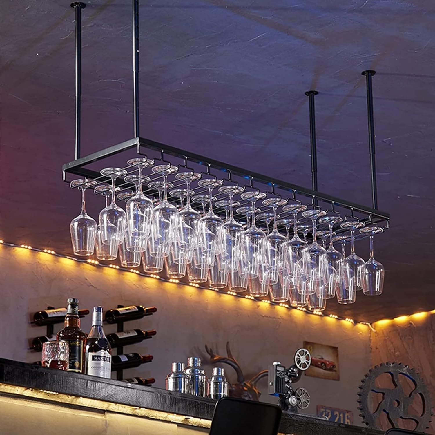 Adjustable Wall-Mounted Wine Glass Rack 118-236In Black Metal Ceiling Holder