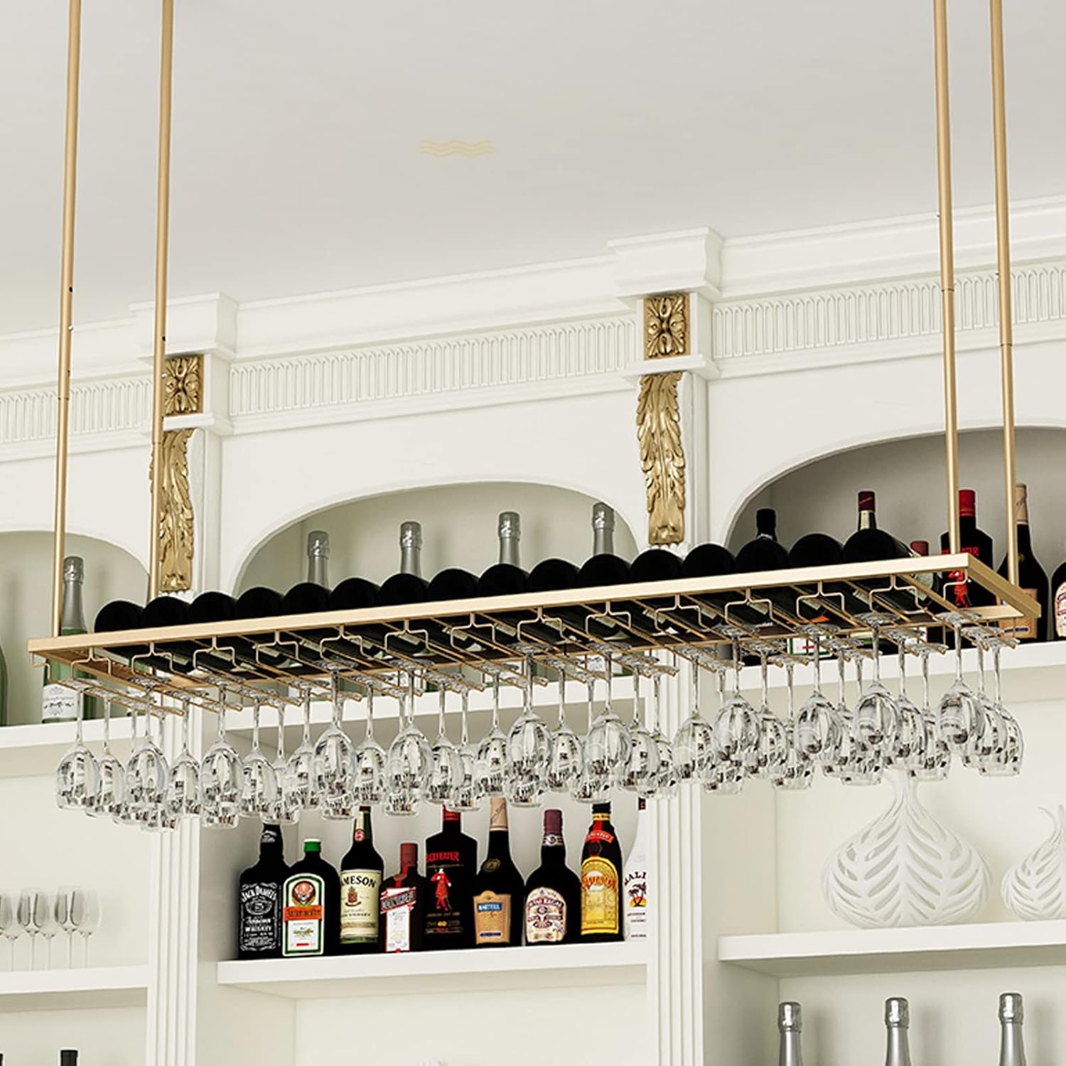 DASHADAO Gold Hanging Wine Glass Rack with Bottle Holder