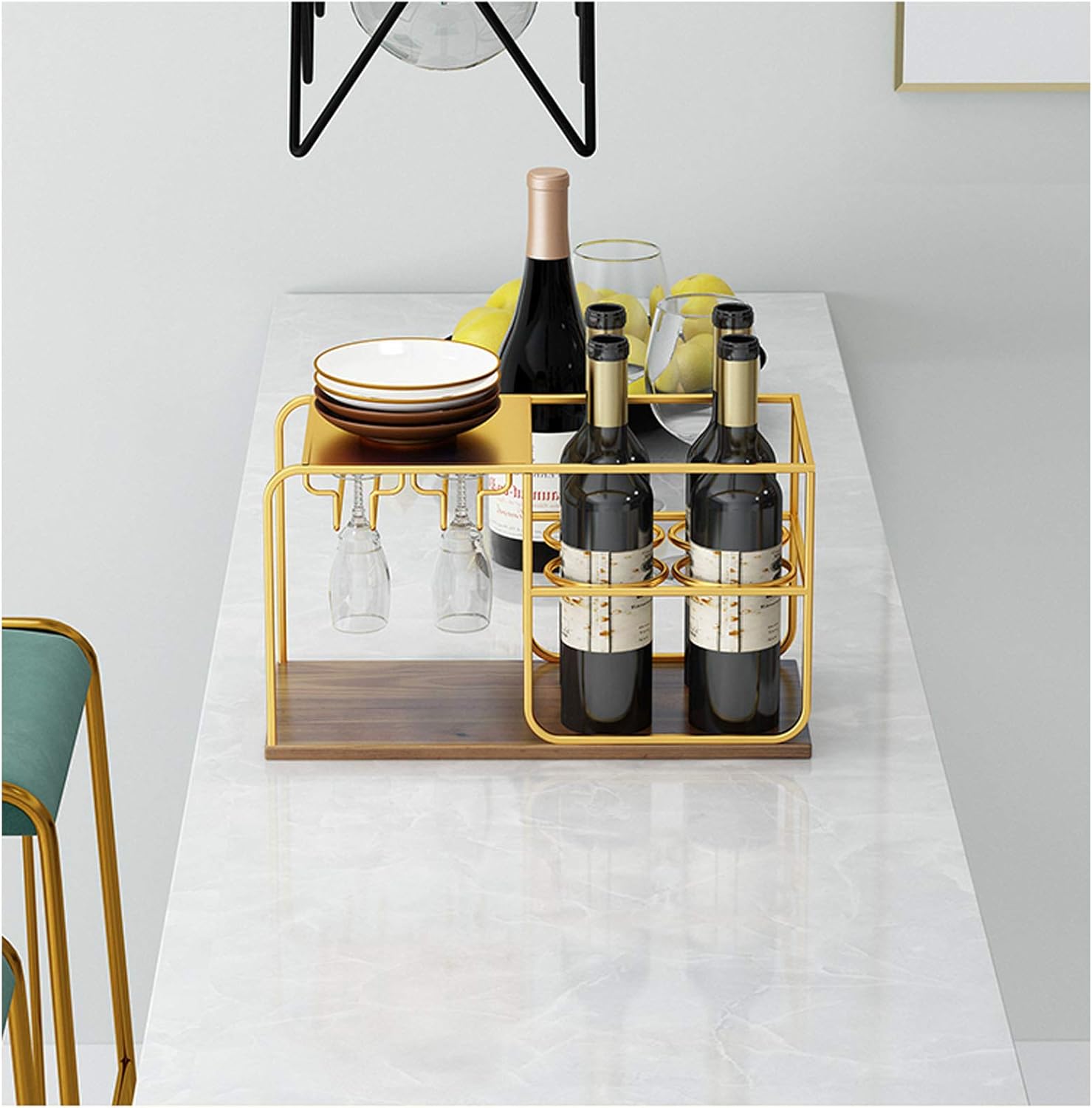BOCbco Gold Freestanding Wine Rack with 4 Bottles and 4 Glasses
