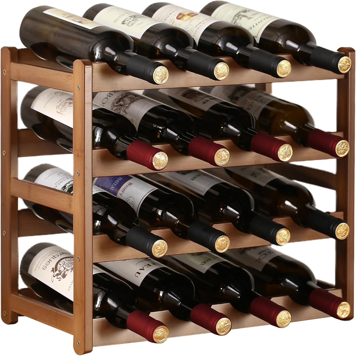 WUTALOTAT Bamboo Wine Rack 4-Tier 16 Bottles Freestanding