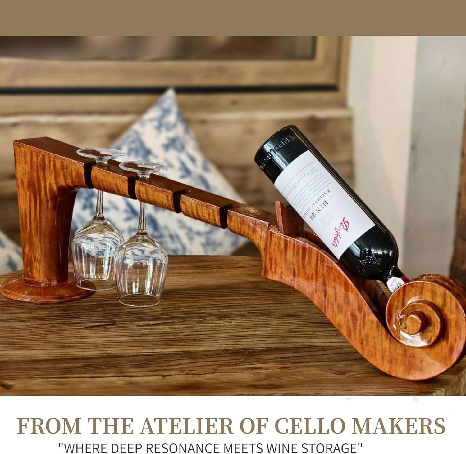 Violin-Inspired Solid Wood Wine Rack - 4 Bottles 4 Glasses 1