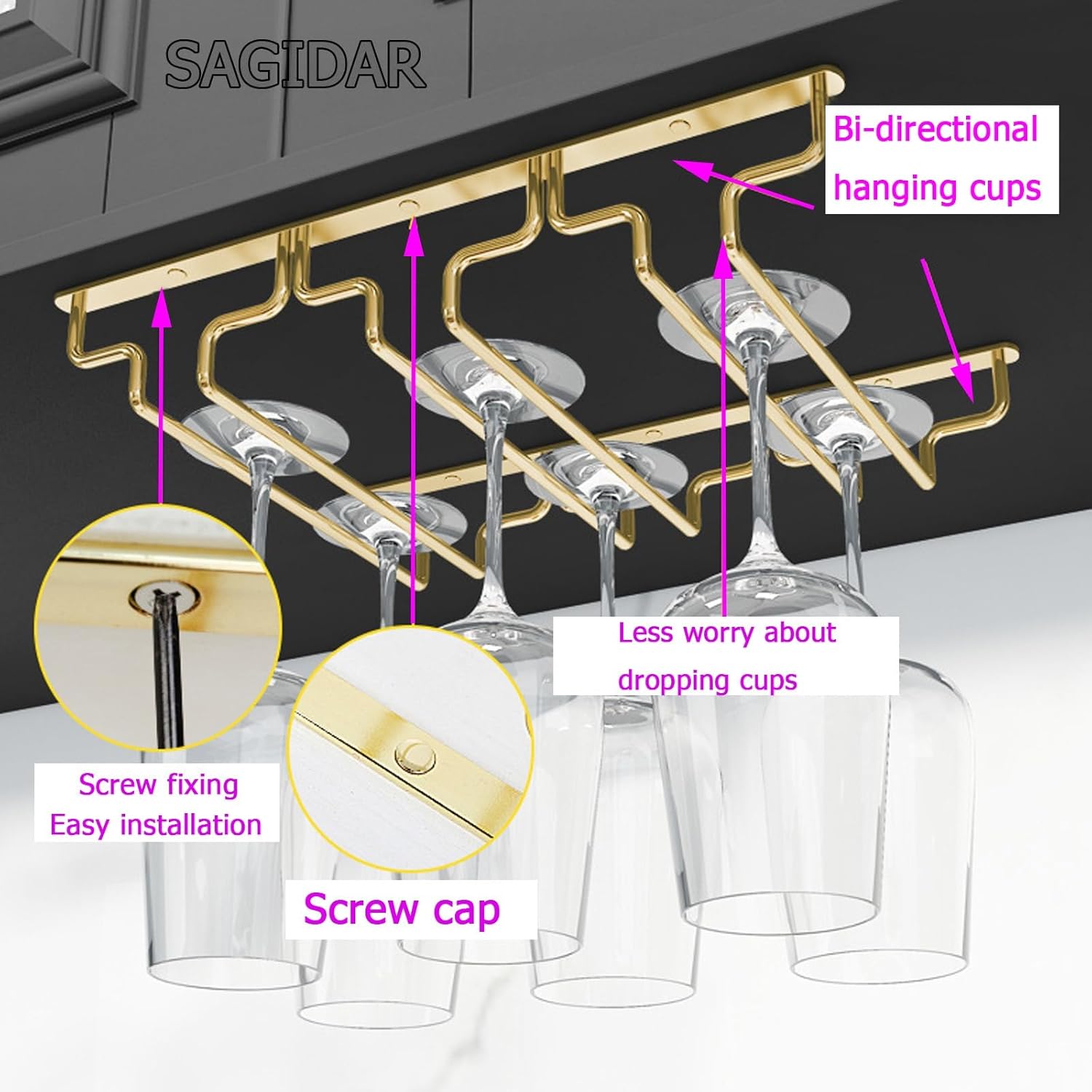 SAGIDAR Stainless Steel Wine Glass Organizer Under Cabinet Stemware Rack