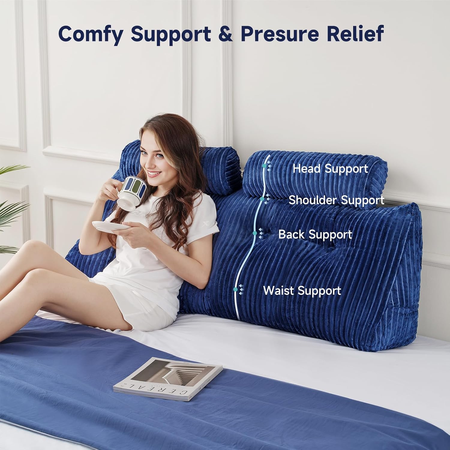 Z-hom King Size Pillow Headboard with 2 Roll Pillows Blue