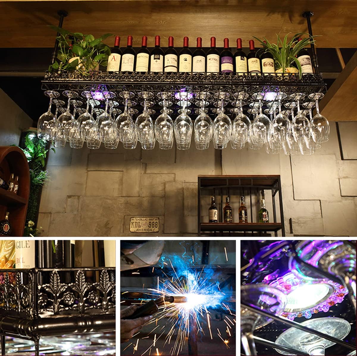 Adjustable Metal Ceiling Wine and Glass Rack - Industrial Style