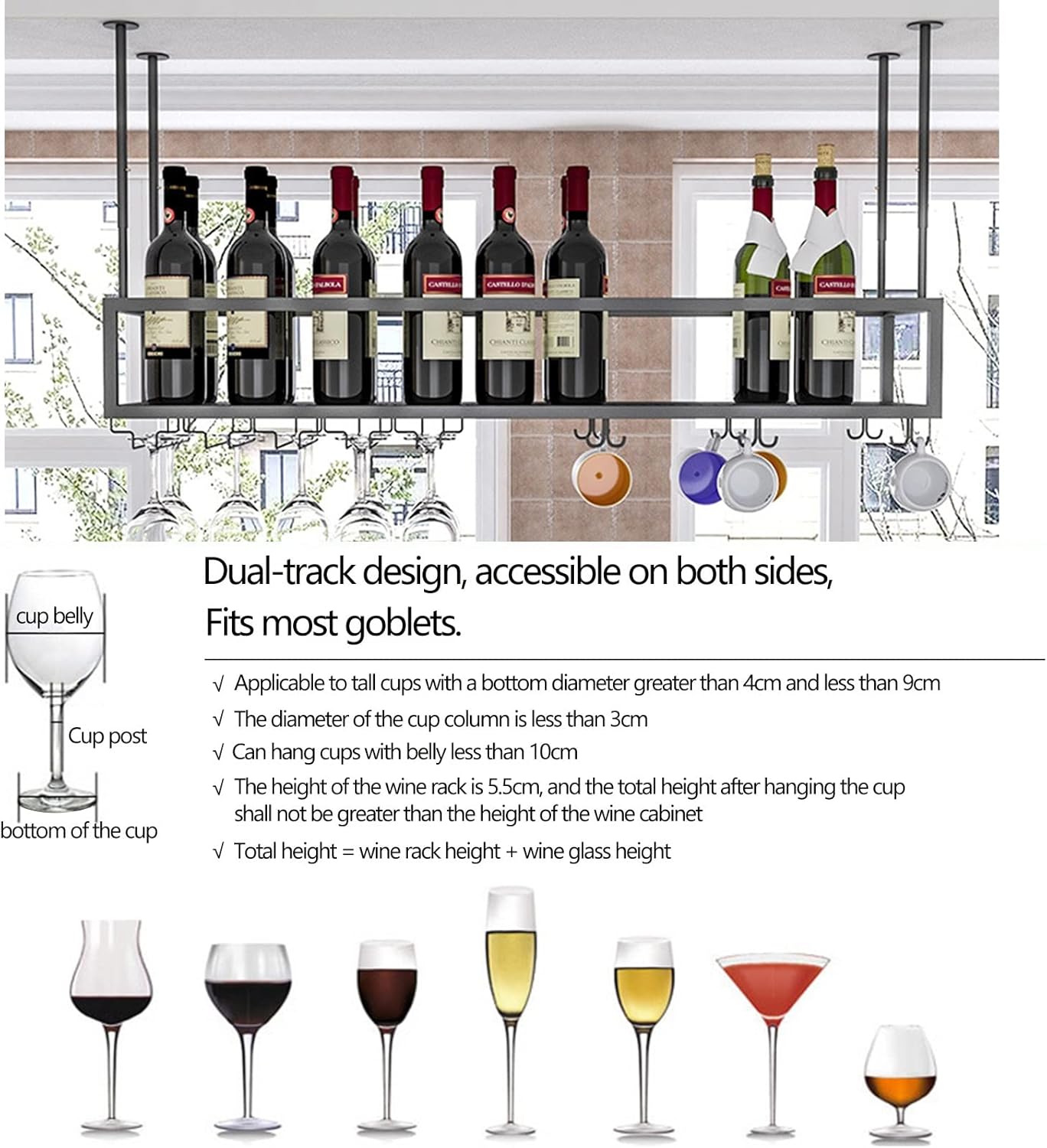 Wrought Iron Ceiling Wine Rack Holder with Adjustable Height and Width