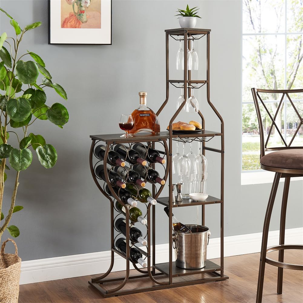 Volkmi 5-Tier Freestanding Wine Rack with Glass Holder and Storage