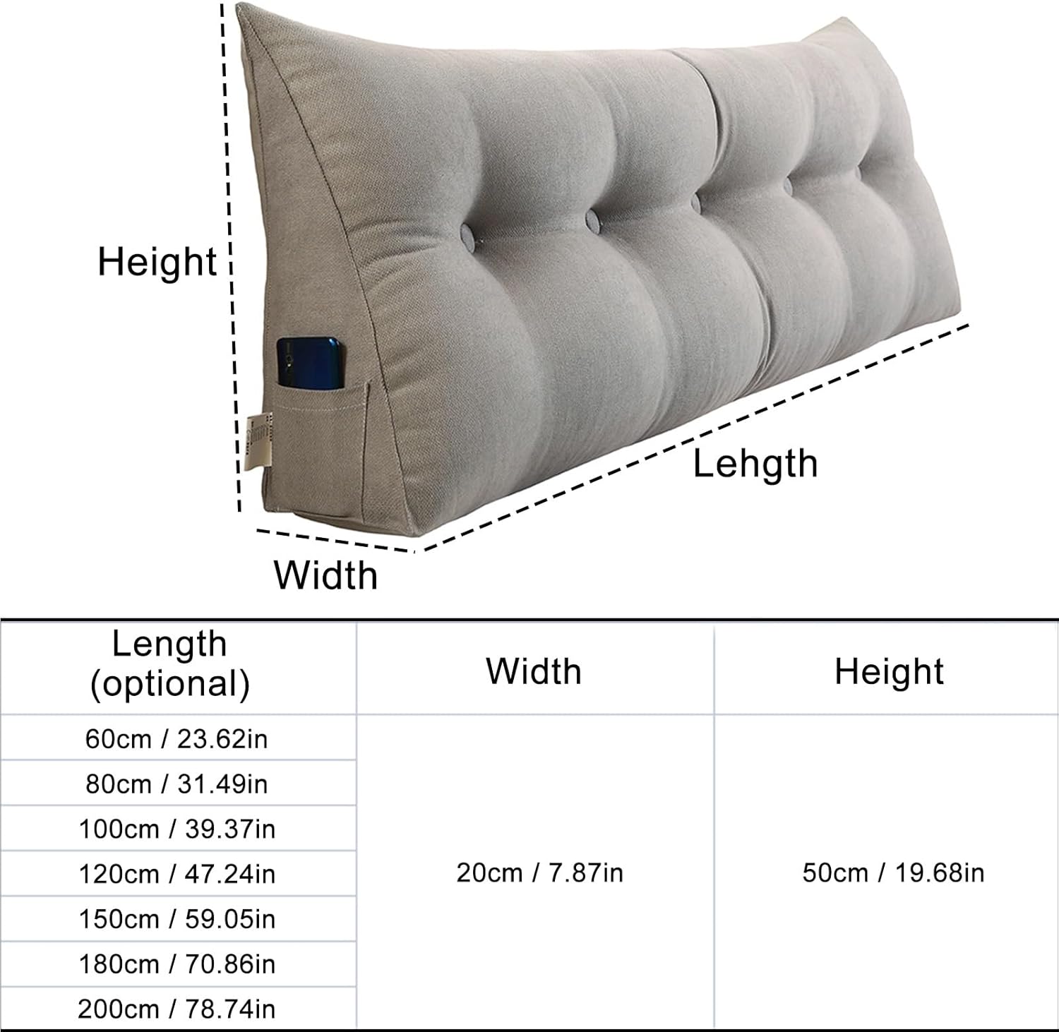 Thickened Triangular Headboard Pillow with Side Pocket and Removable Cover