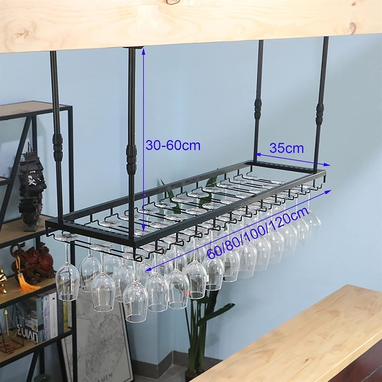 Adjustable Wall-Mounted Wine Glass Rack 80cm Black