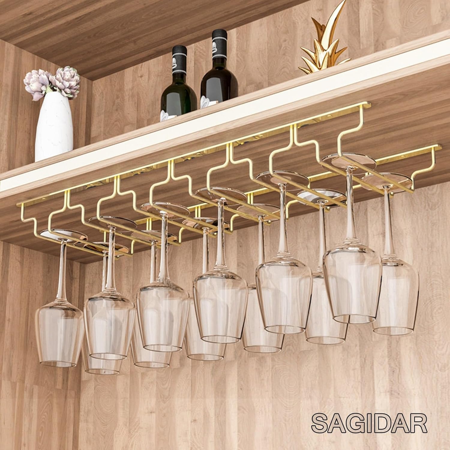 SAGIDAR Wine Glass Holder Under Cabinet Gold