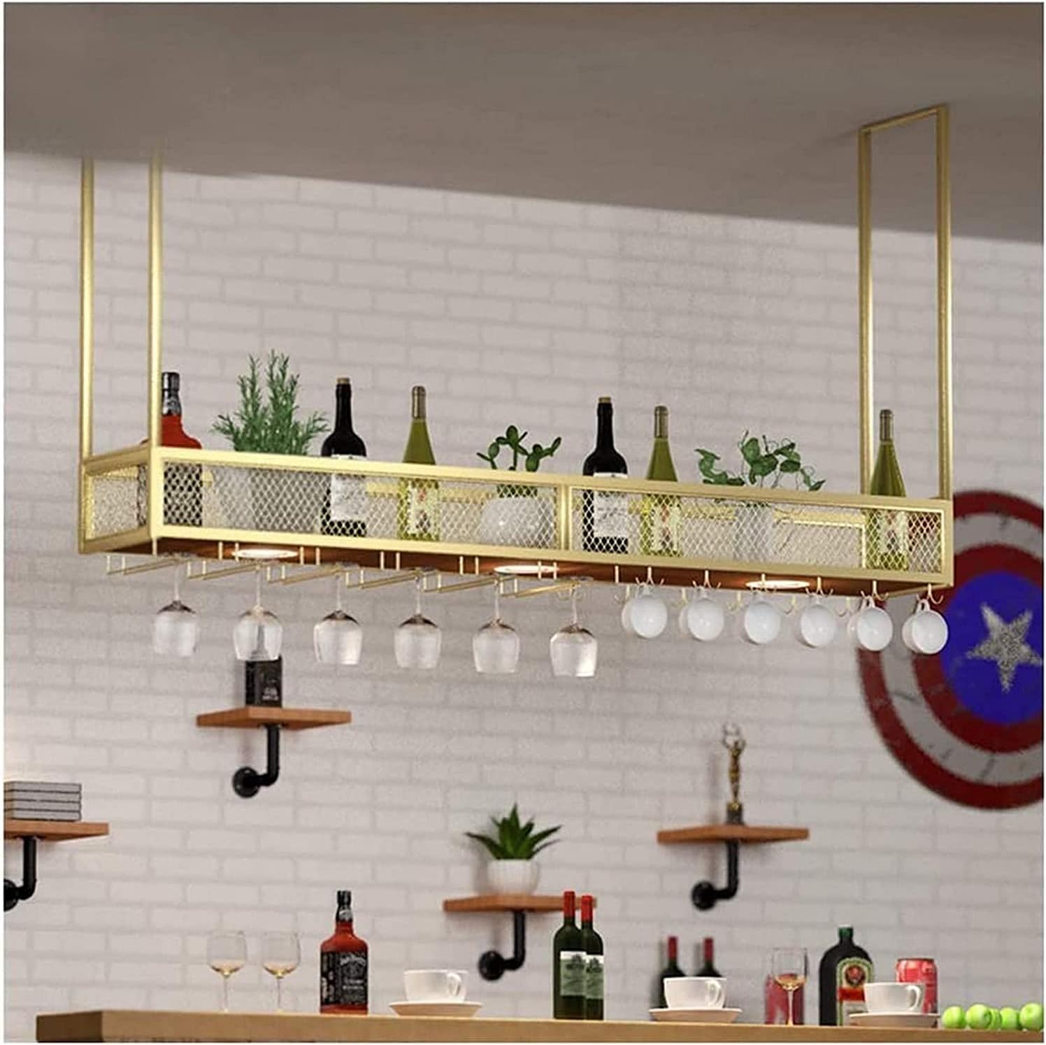 Ceiling Hanging Wine Rack with Glass Holder Wrought Iron Wood 80x30cm