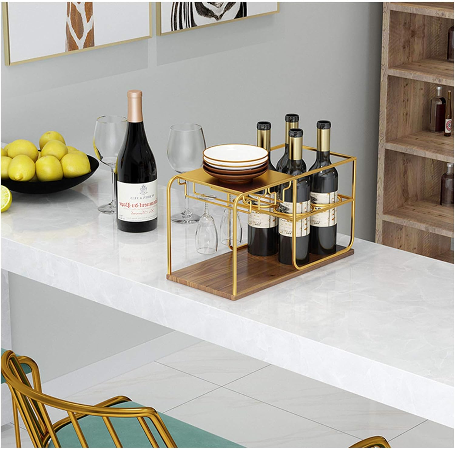 BOCbco Gold Freestanding Wine Rack with 4 Bottles and 4 Glasses