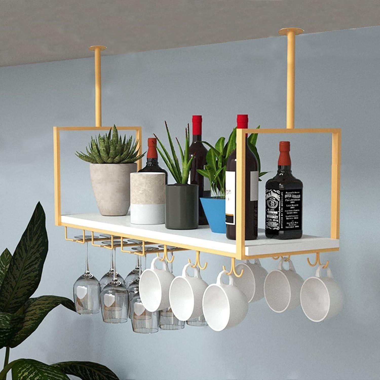 Retro Ceiling Hanging Shelf Wine Rack with Glass Holder