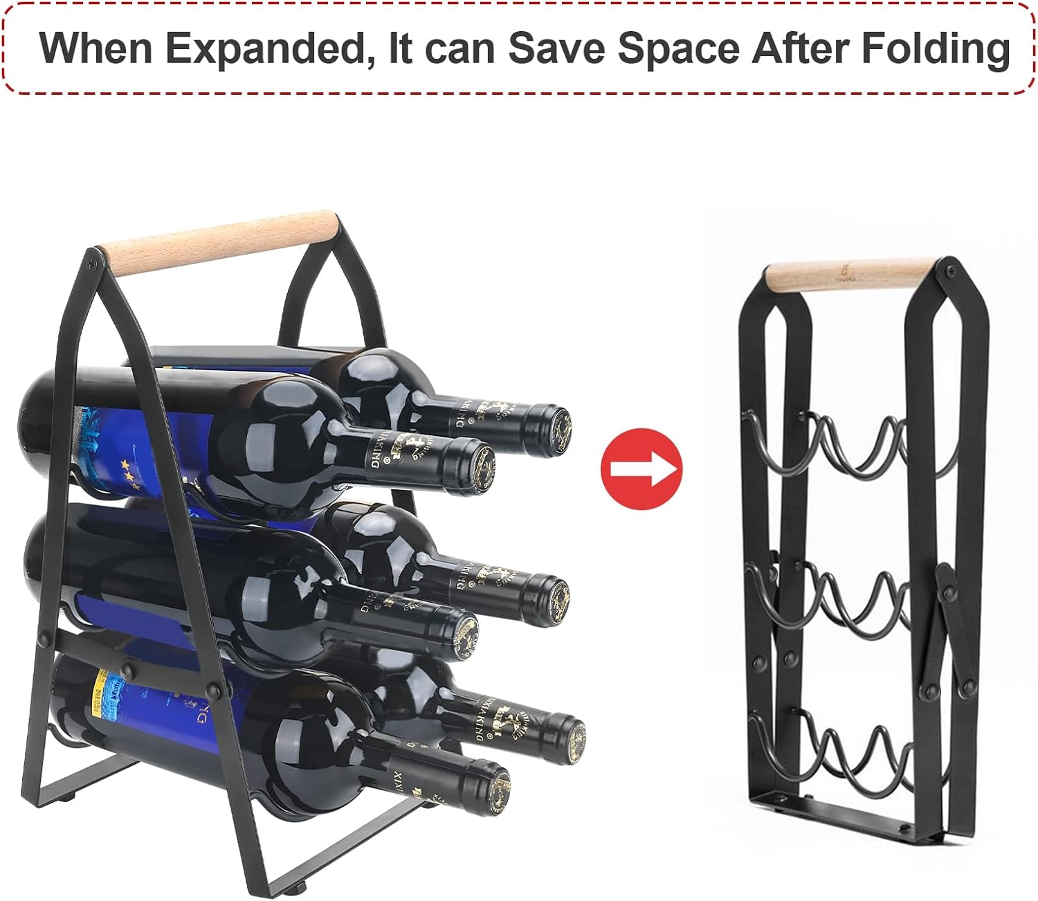 Decorelement 6 Bottle Wine Rack with Handle 3 Tier Collapsible
