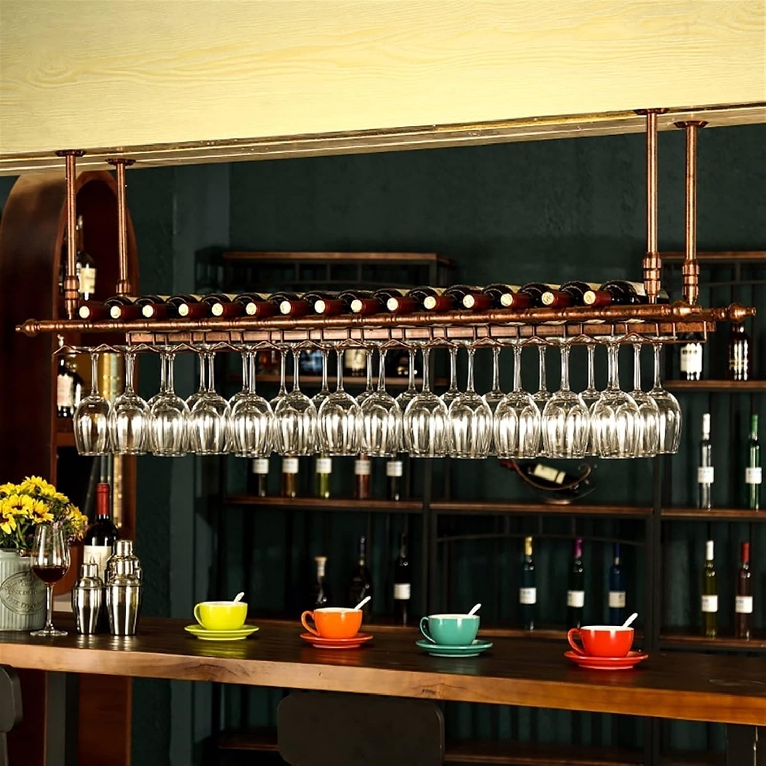 Bronze Wall-Mounted Wine Rack with Adjustable Hangers