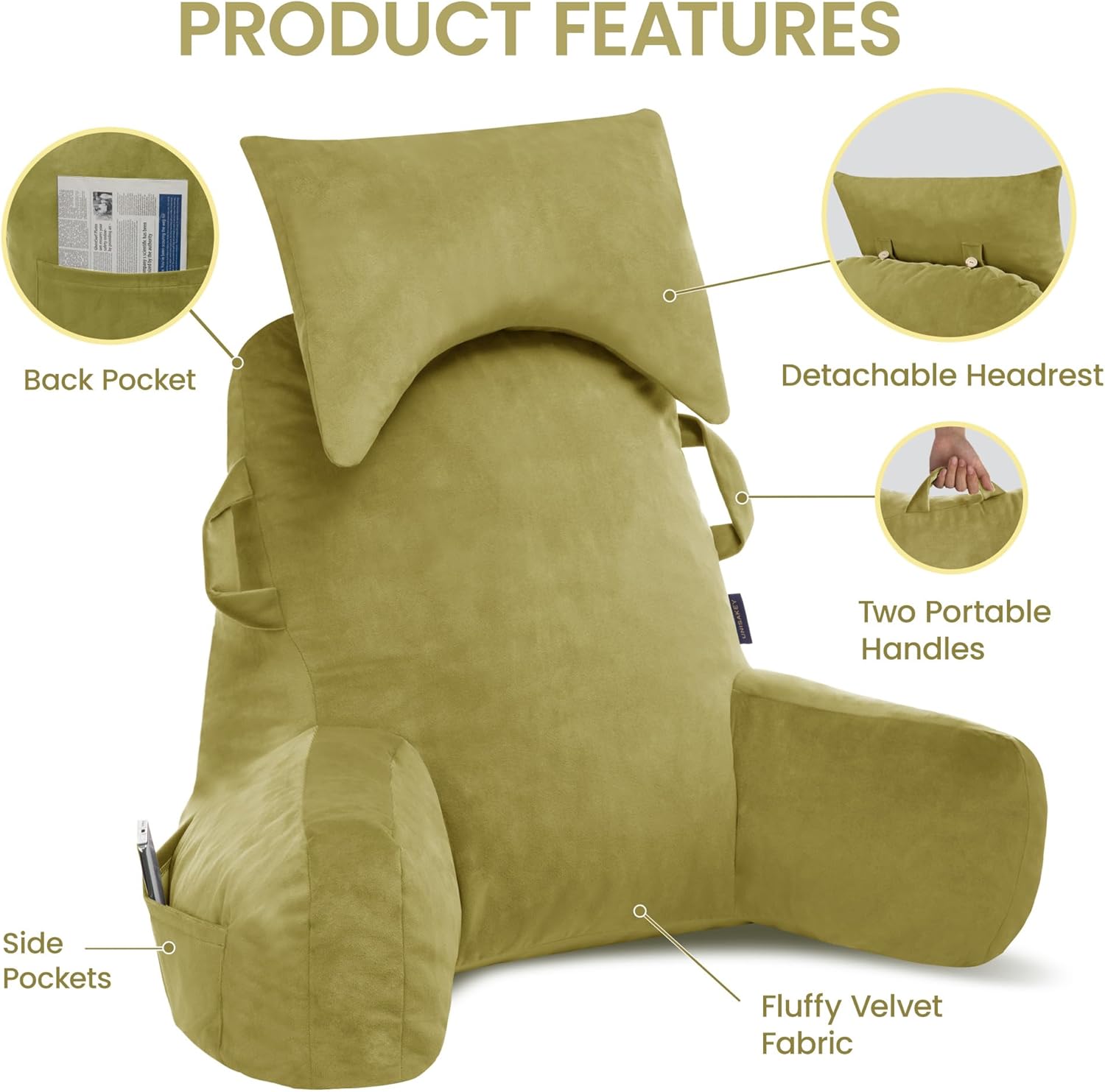 Unisakey Reading Pillow with Headrest and 3 Pockets Yellow Green