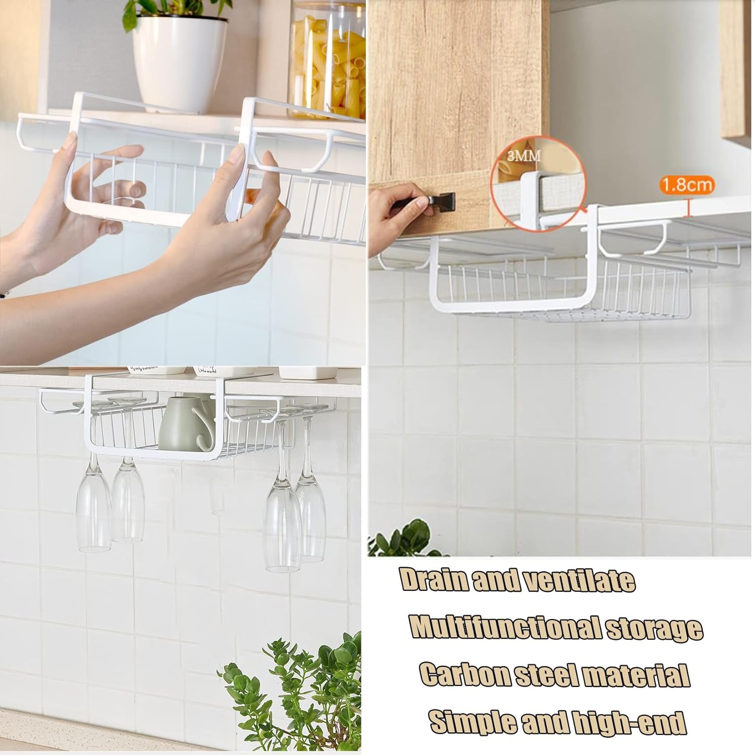 Wordfun Under Cabinet Stemware Rack Durable White Metal Hanger