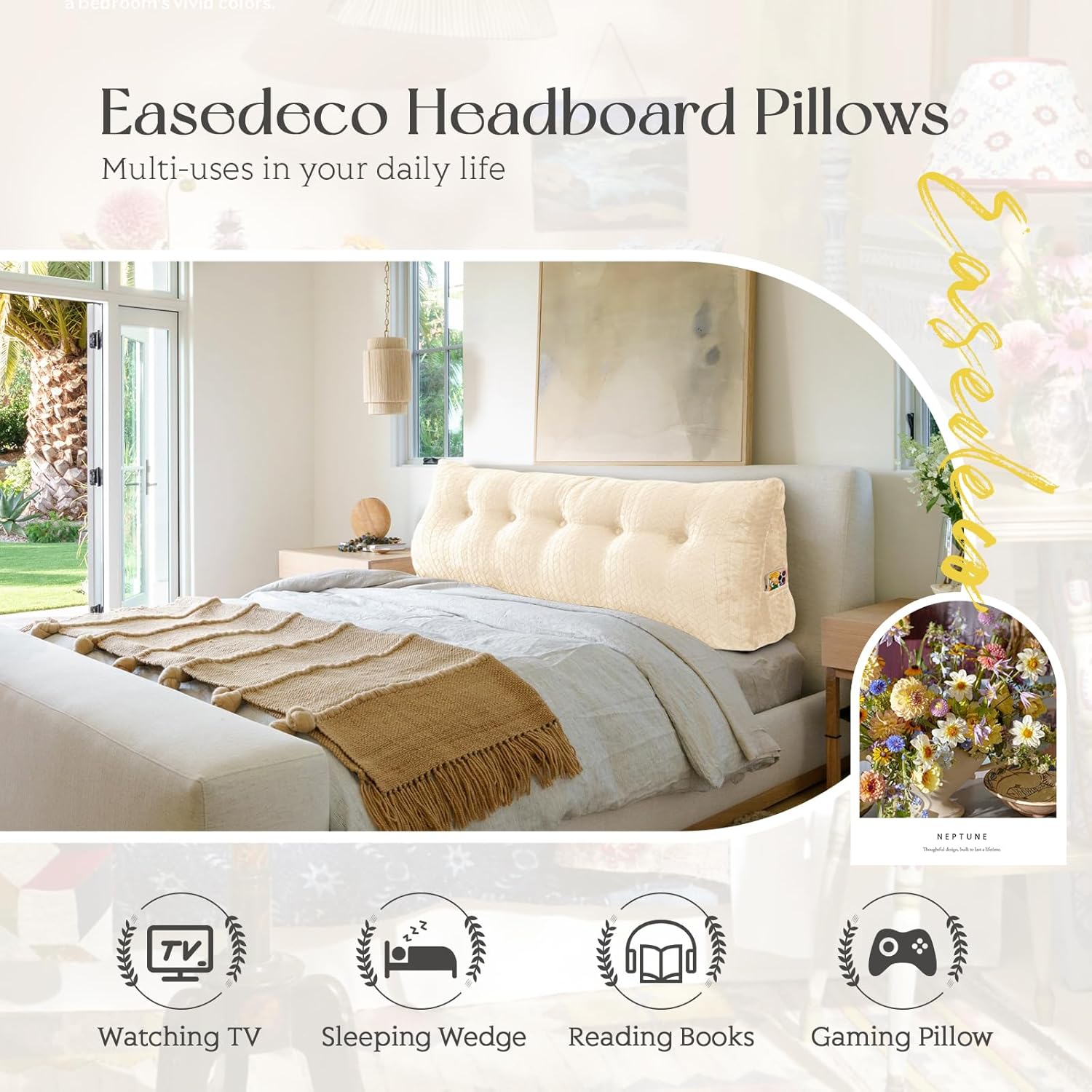easedeco Bed Wedge Pillow - Large Support for Reading Backrest