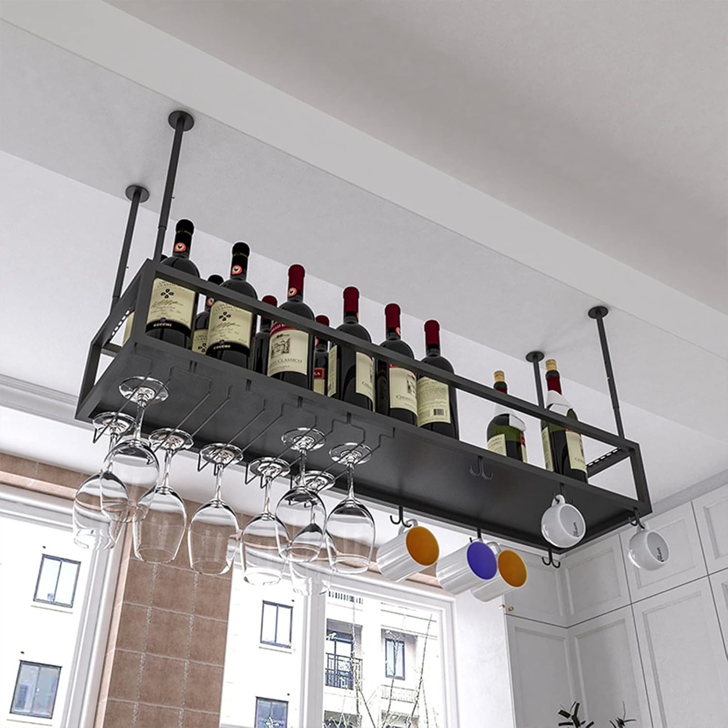 Wrought Iron Ceiling Wine Rack Holder with Adjustable Height and Width