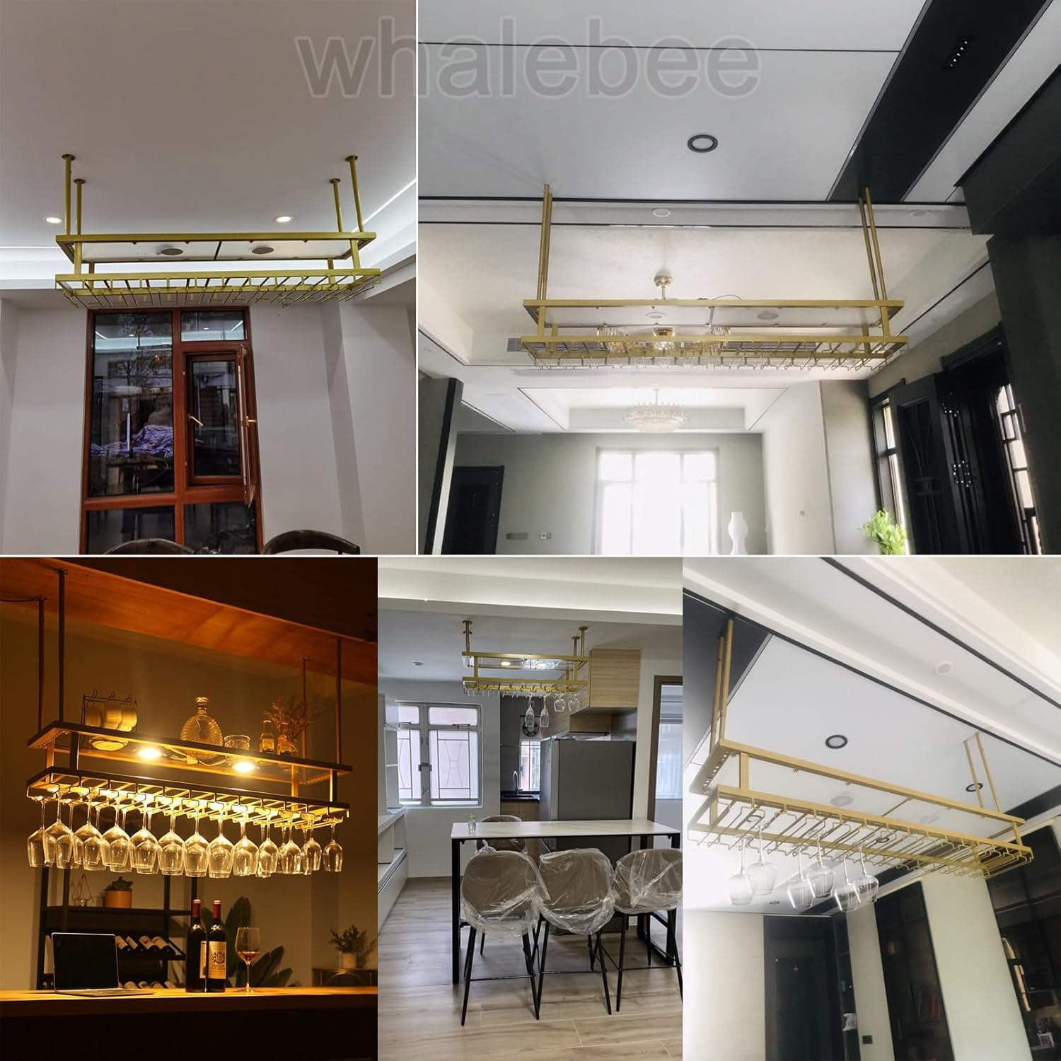 Whalebee Wine Glass Rack Ceiling Mount Gold Adjustable