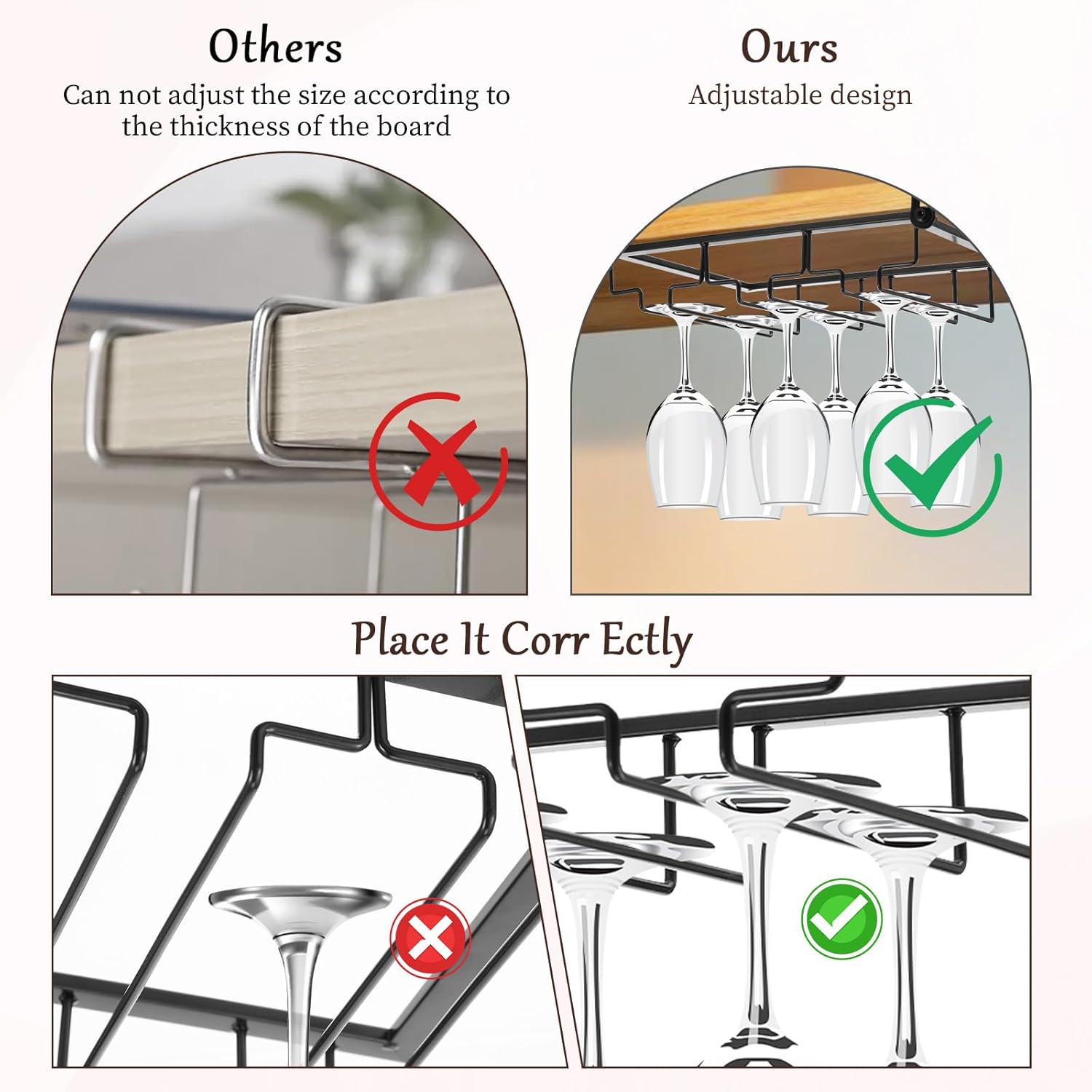Adjustable 2Pcs Wine Glass Rack for Cabinet and Shelf