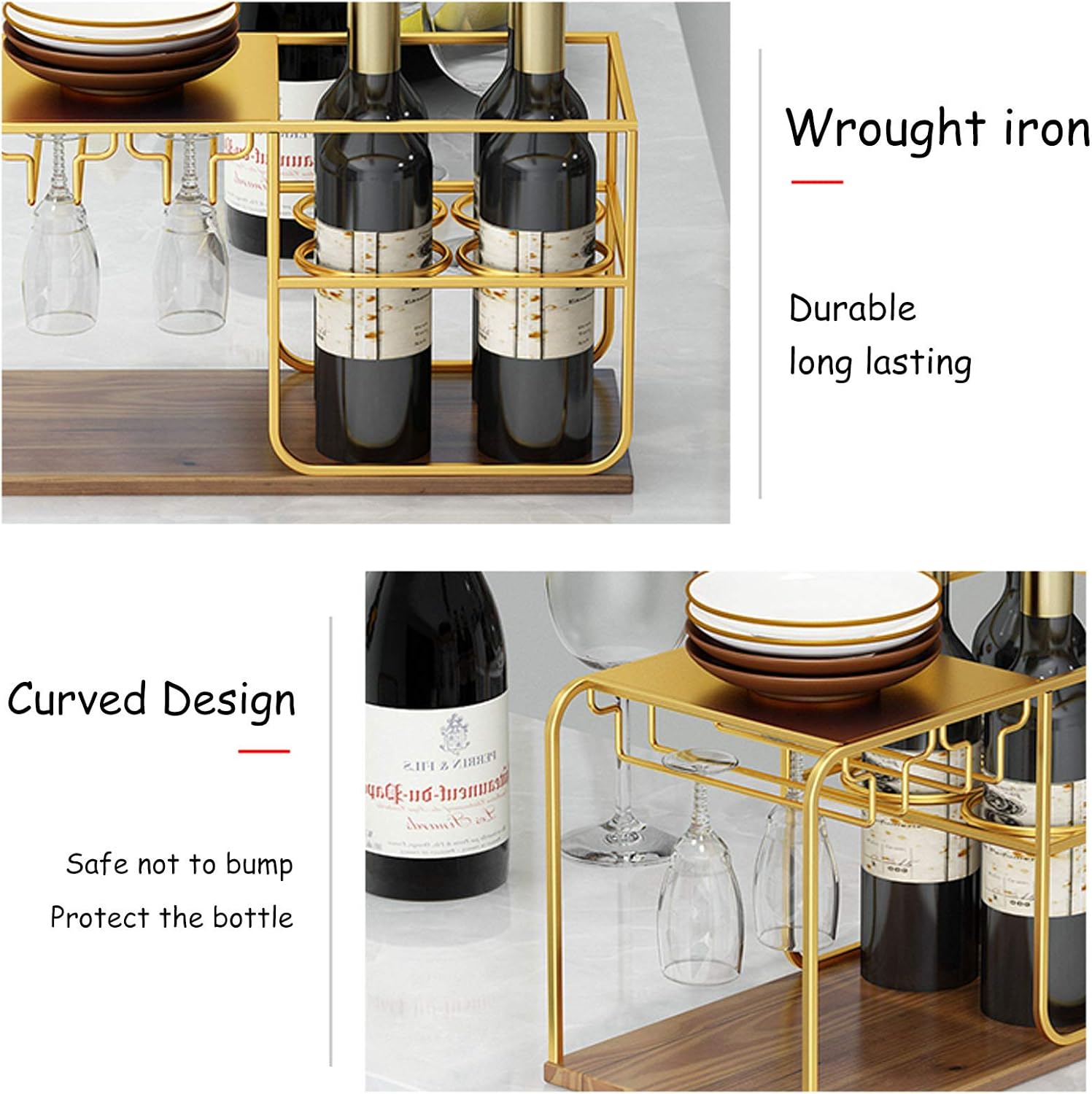 BOCbco Gold Freestanding Wine Rack with 4 Bottles and 4 Glasses