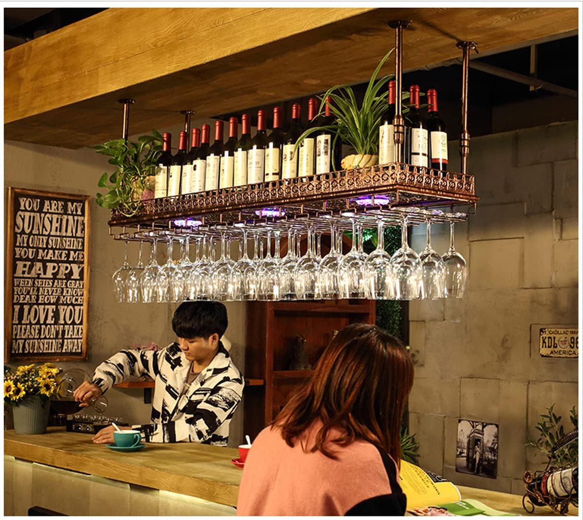 Adjustable Metal Ceiling Wine and Glass Rack - Industrial Style