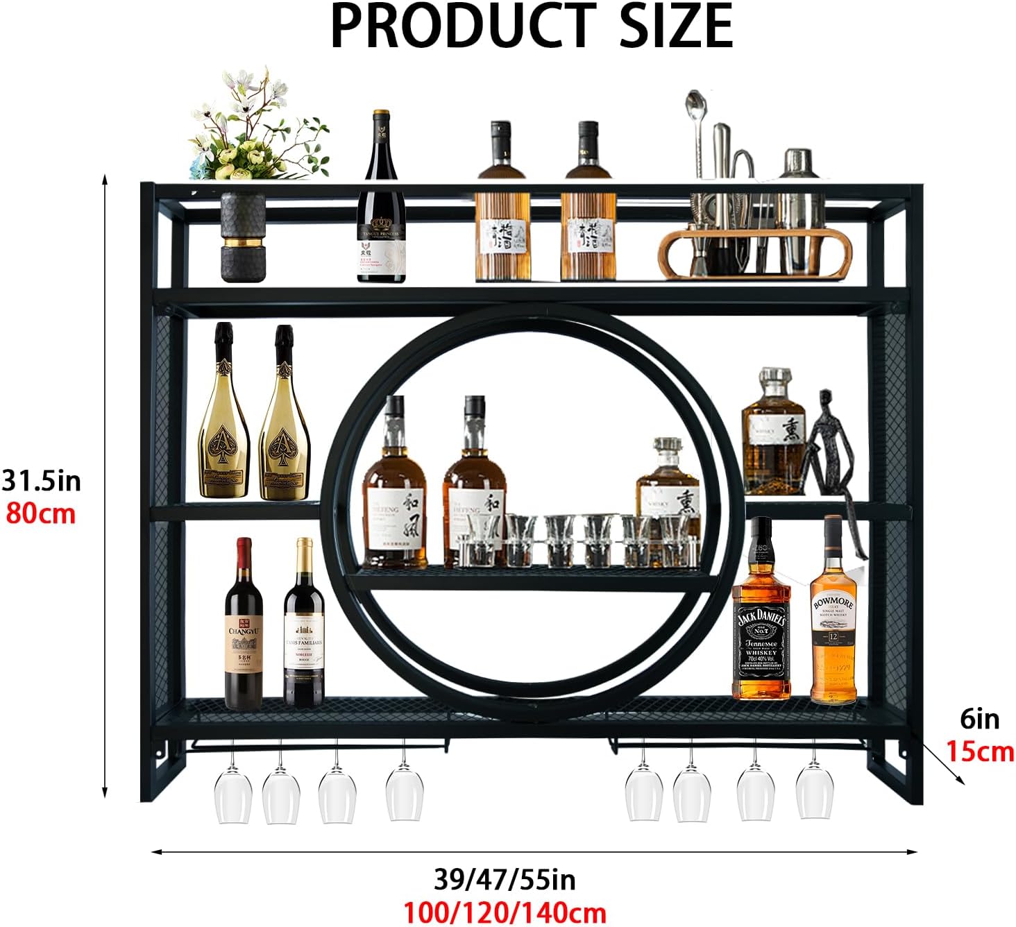 Bakufu 3 Tier Wall-Mounted Wine Rack with Stemware Holder 1