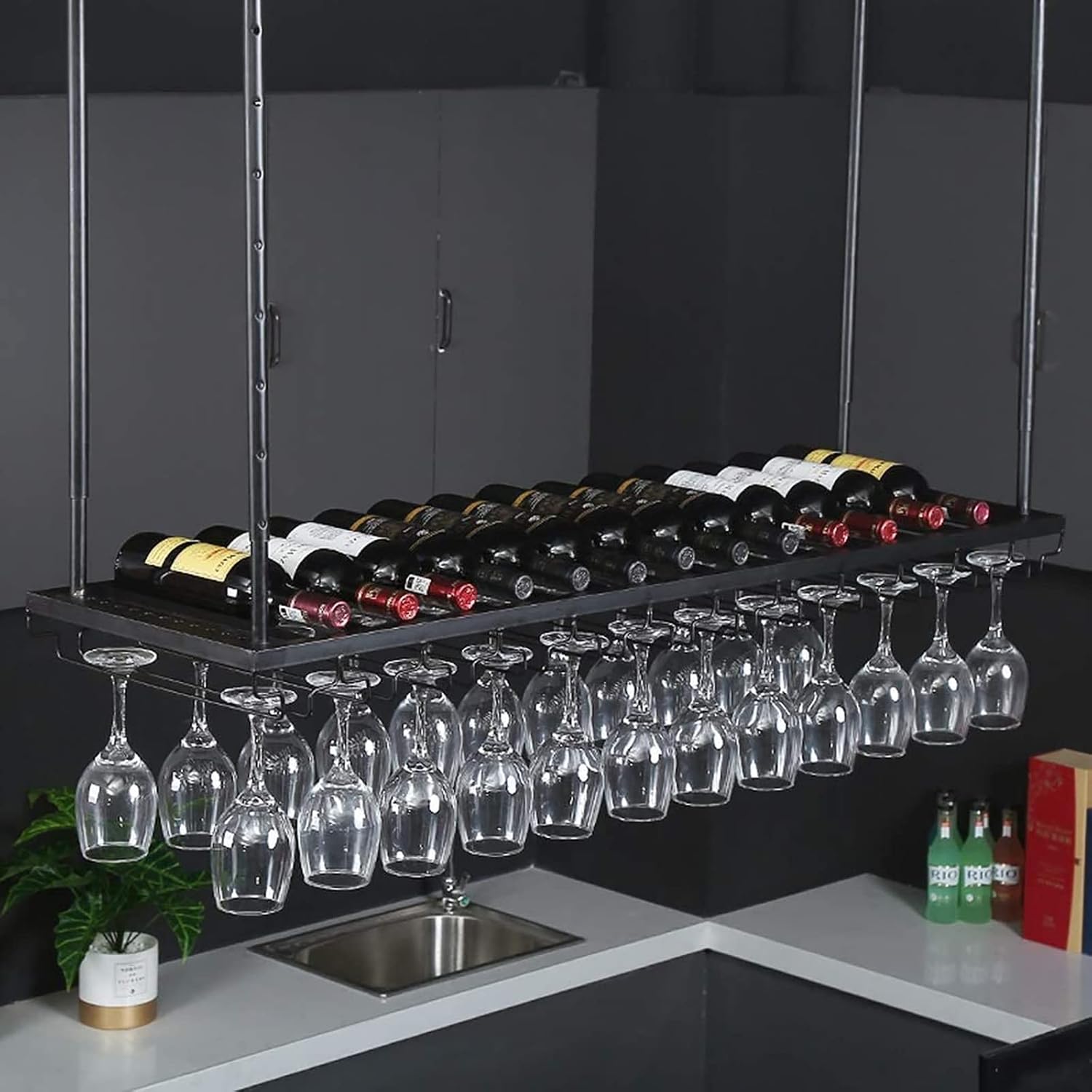 Adjustable Ceiling Hanging Wine Rack for Bars and Kitchens