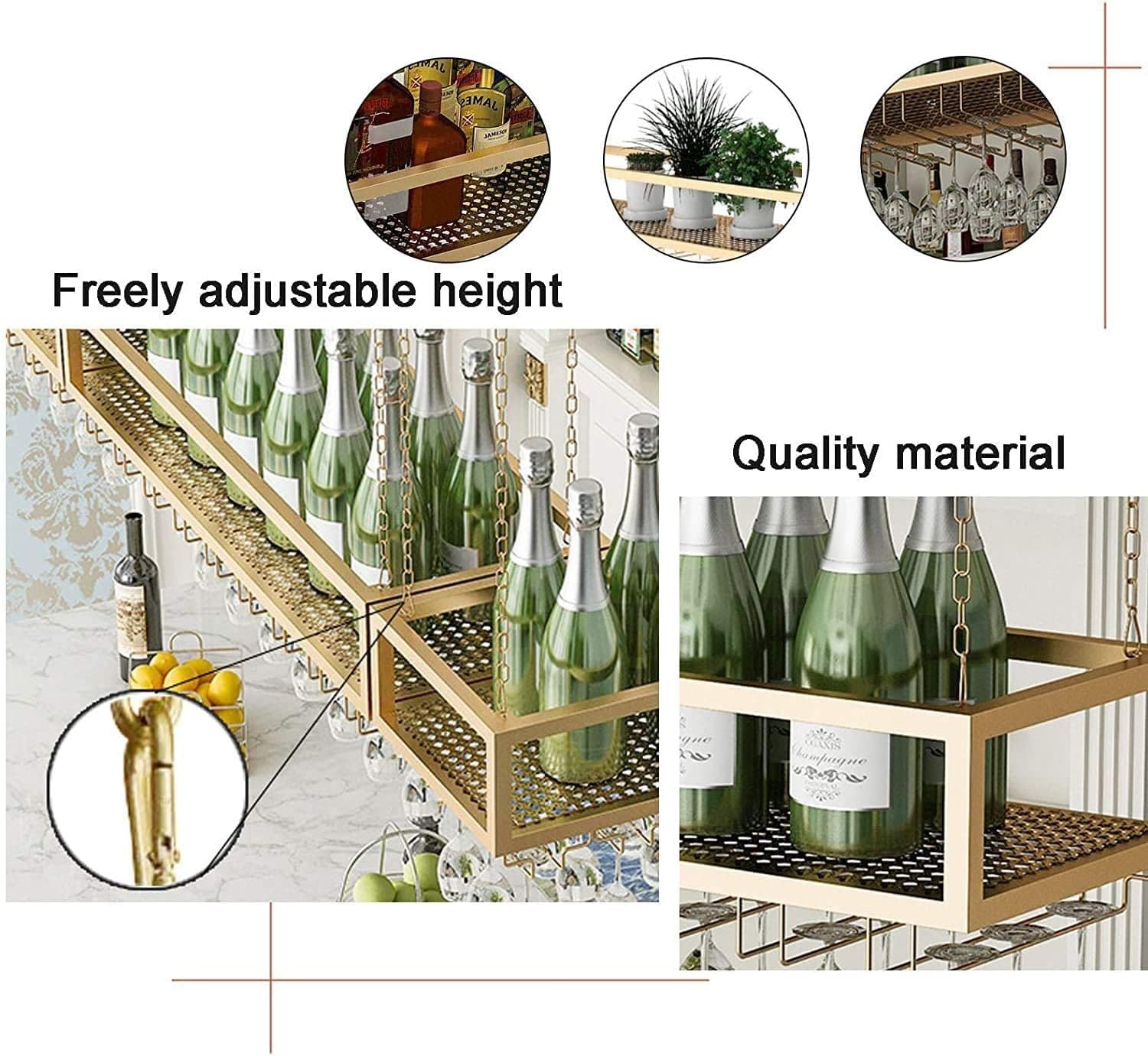 EliteBloom Ceiling Wine Rack Holder Gold 60x25cm