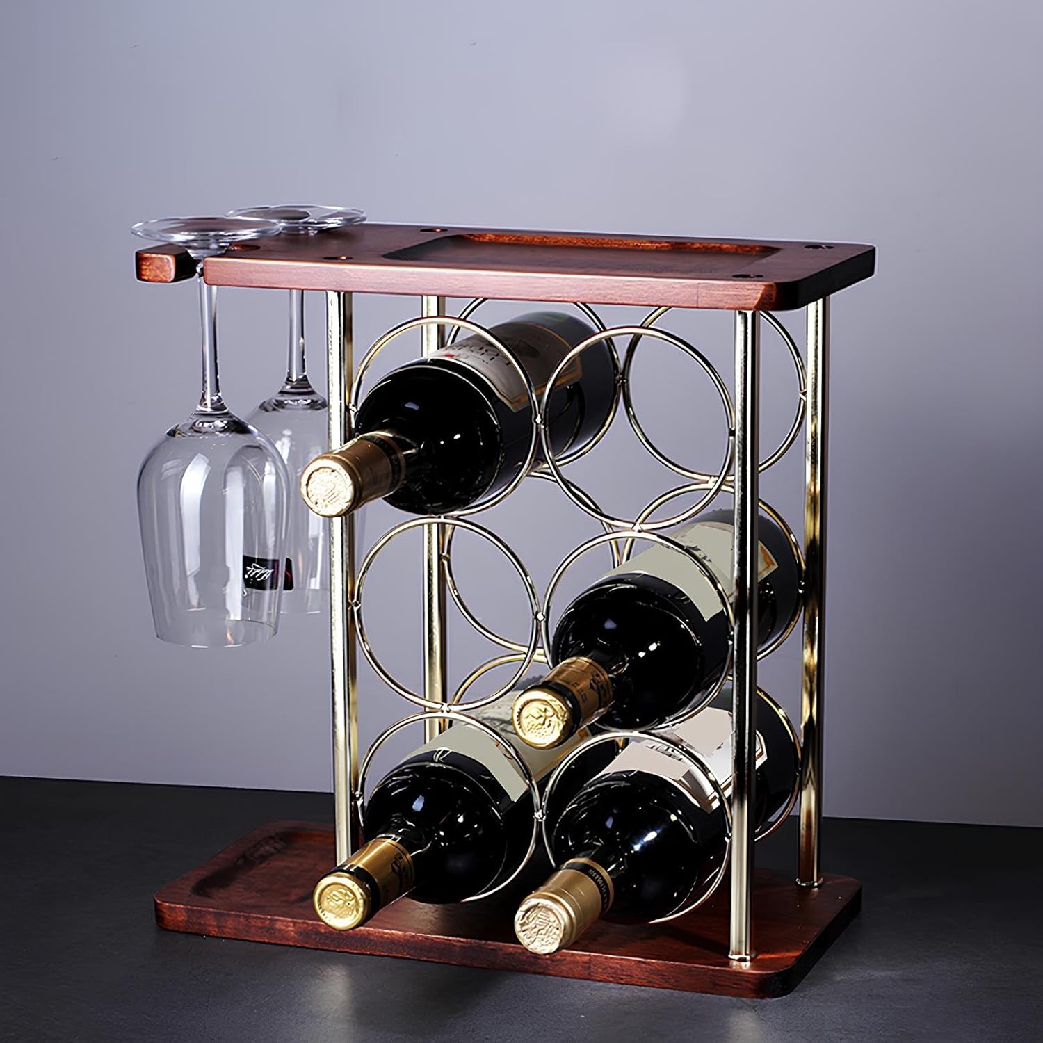 Gold Metal Wine Rack with 6 Bottles and 2 Goblets