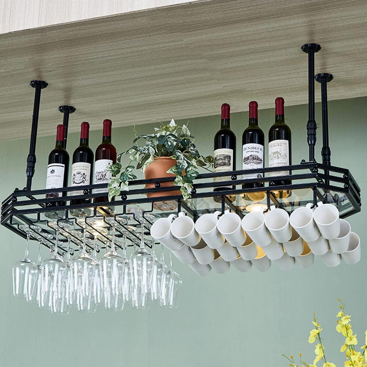 Ceiling Wine Glass Rack with Adjustable Height and Width