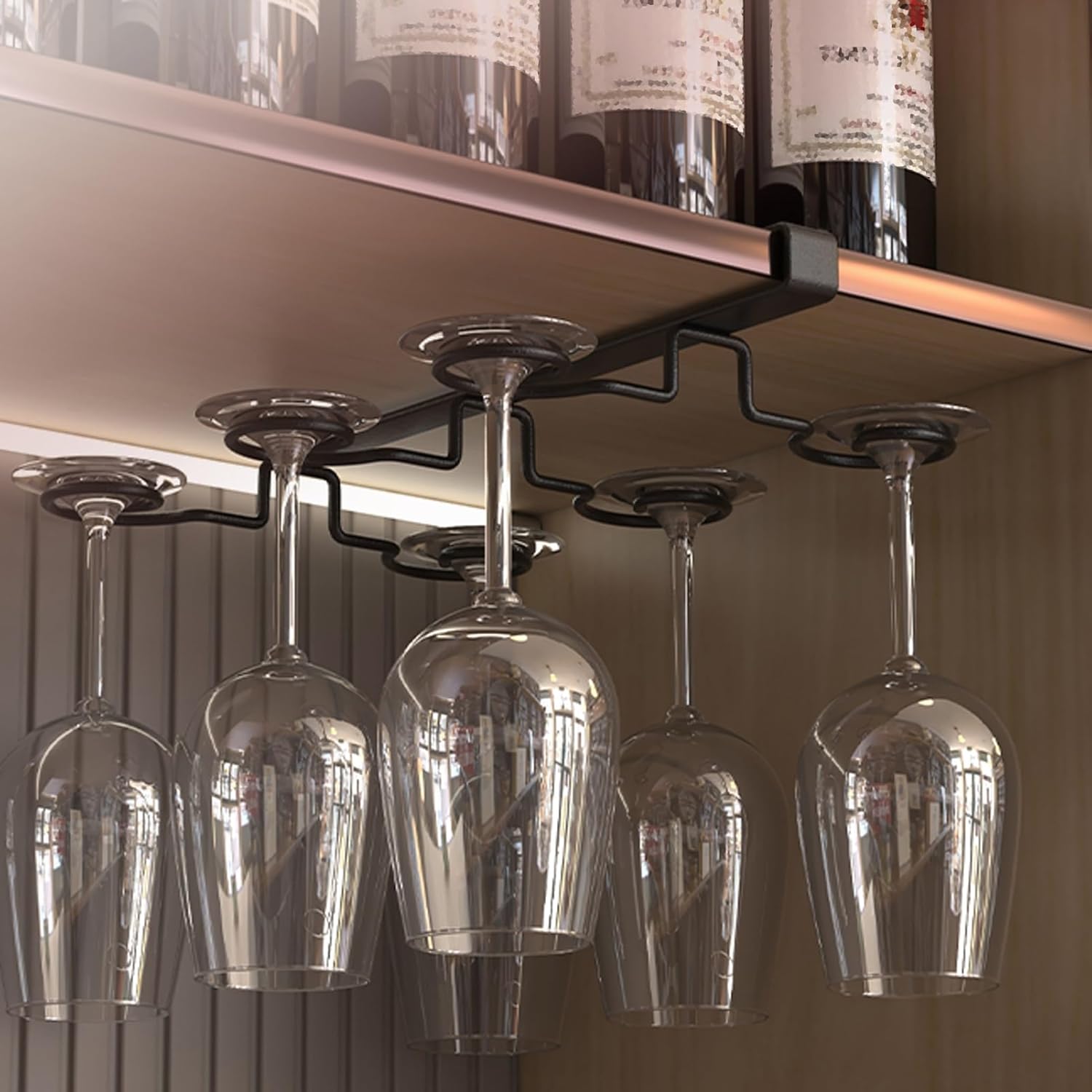 Wine Glass Holder Under Shelf Black Metal 6 Hooks