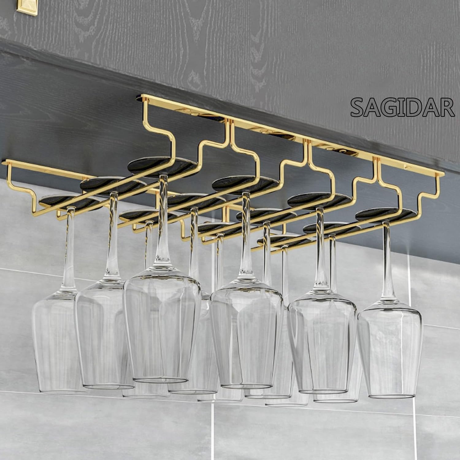 SAGIDAR Stainless Steel Wine Glass Holder Under Cabinet Rack 345cm-91cm