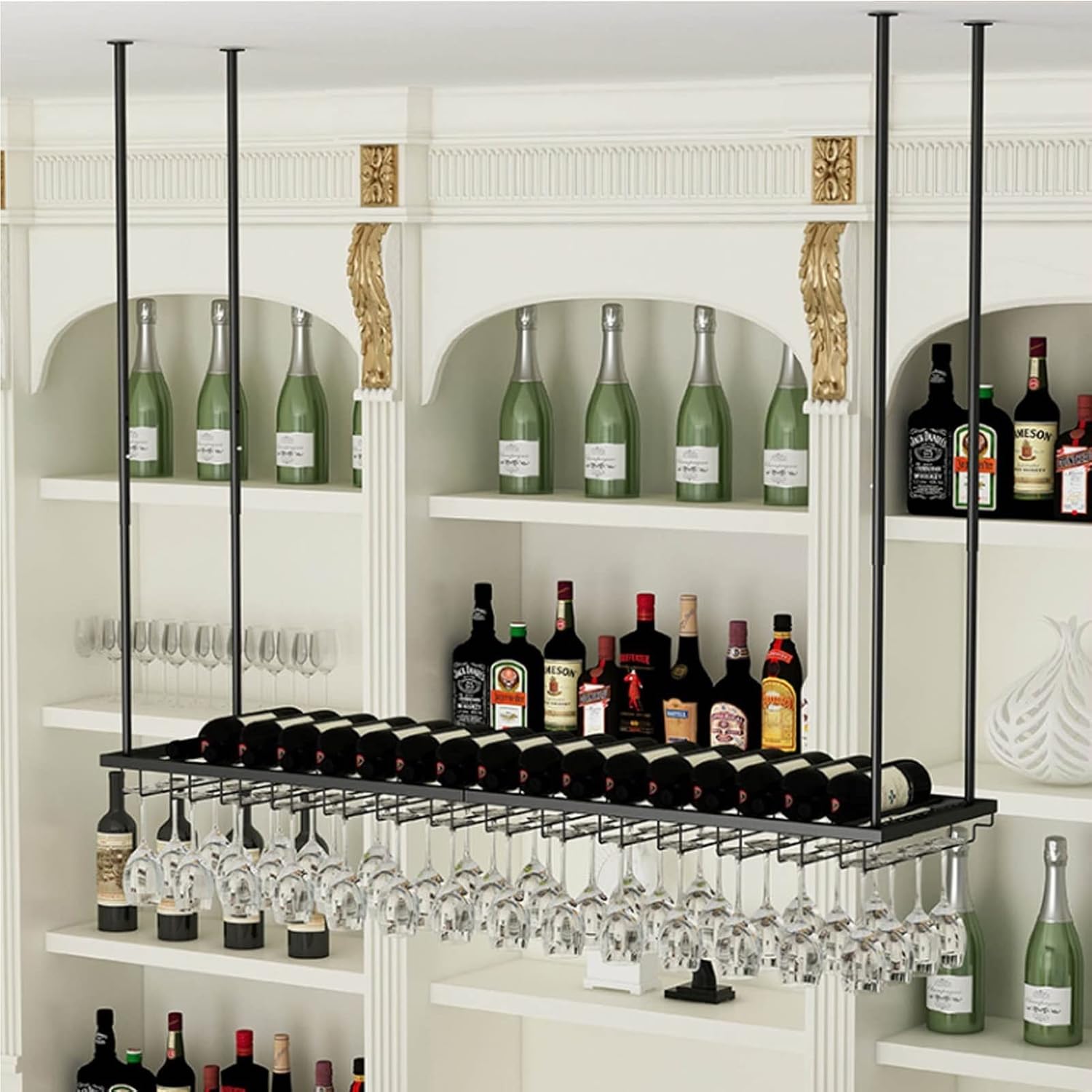 Ceiling Wine Rack Black Adjustable Floating Shelves for Kitchen and Bar