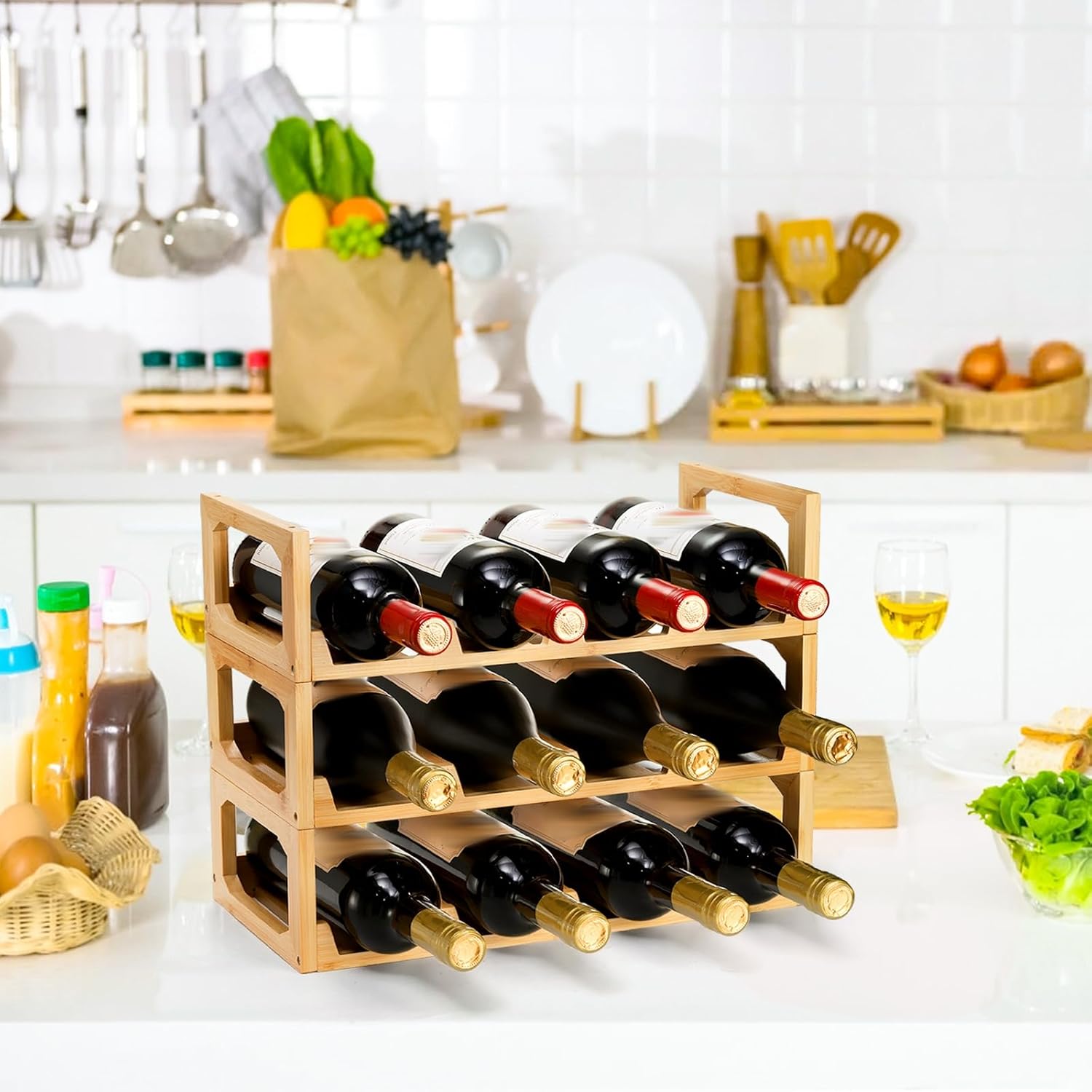 3 Tier Bamboo Water Bottle Organizer for Kitchen Cabinet