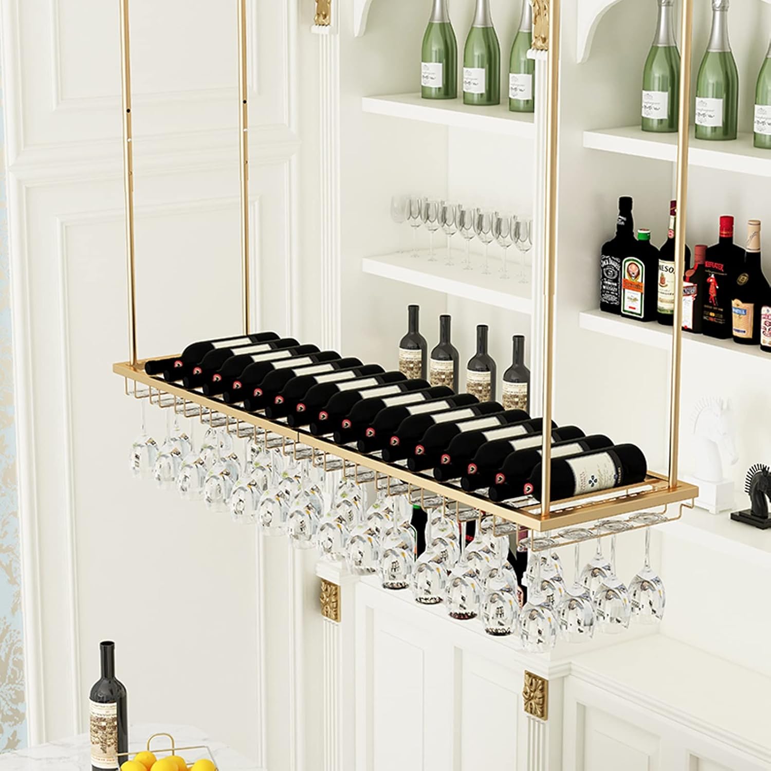 DASHADAO Gold Hanging Wine Glass Rack with Bottle Holder